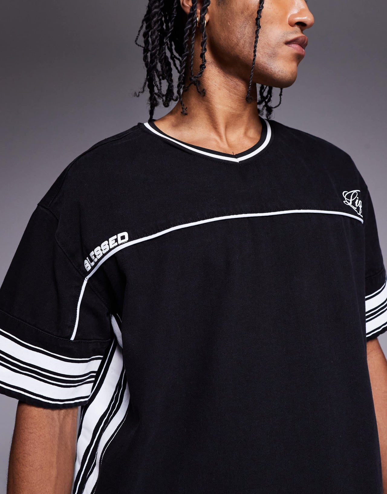 Liquor N Poker overszied varsity hockey t-shirt in black