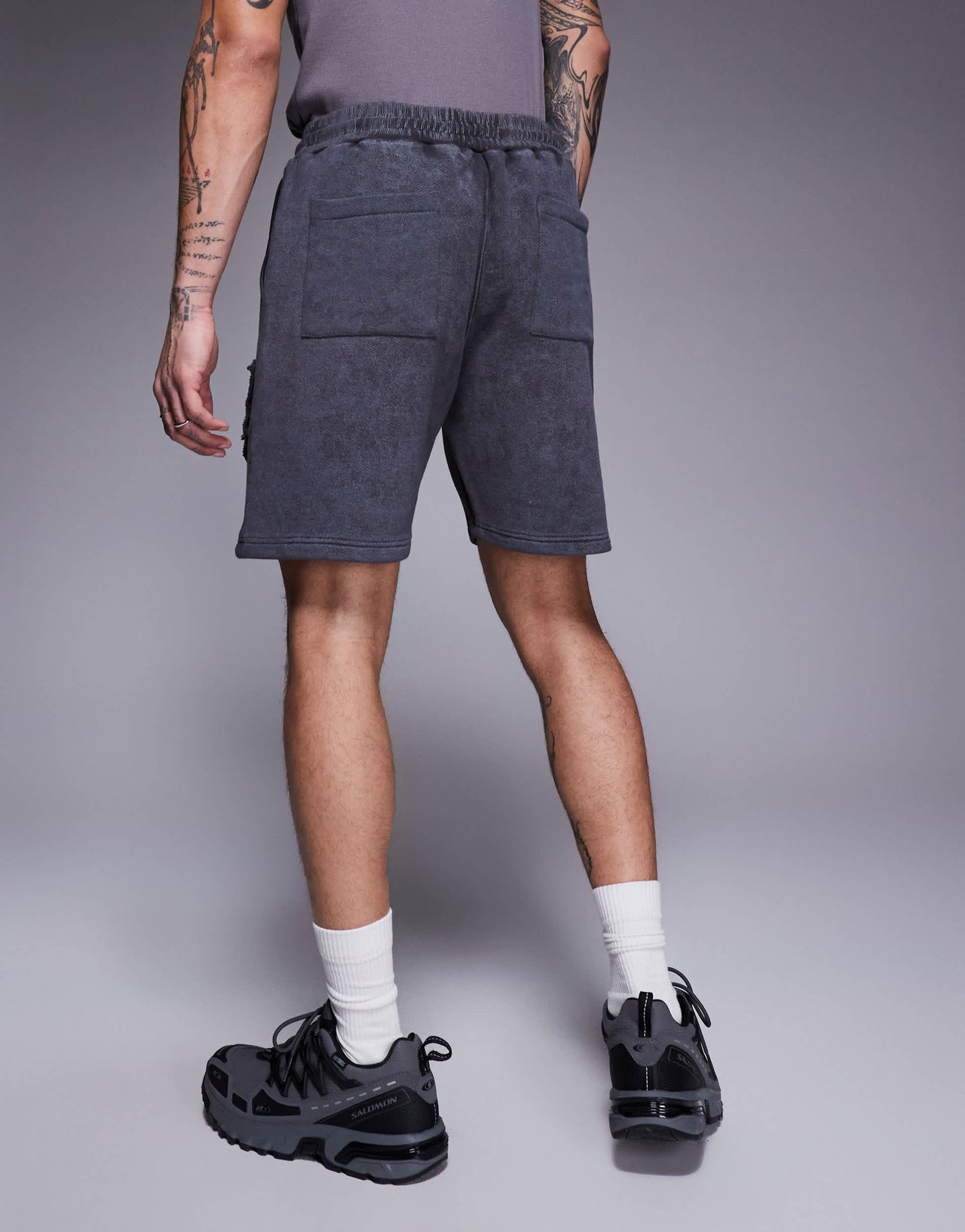 Liquor N Poker applique patch and stud logo jersey shorts in grey