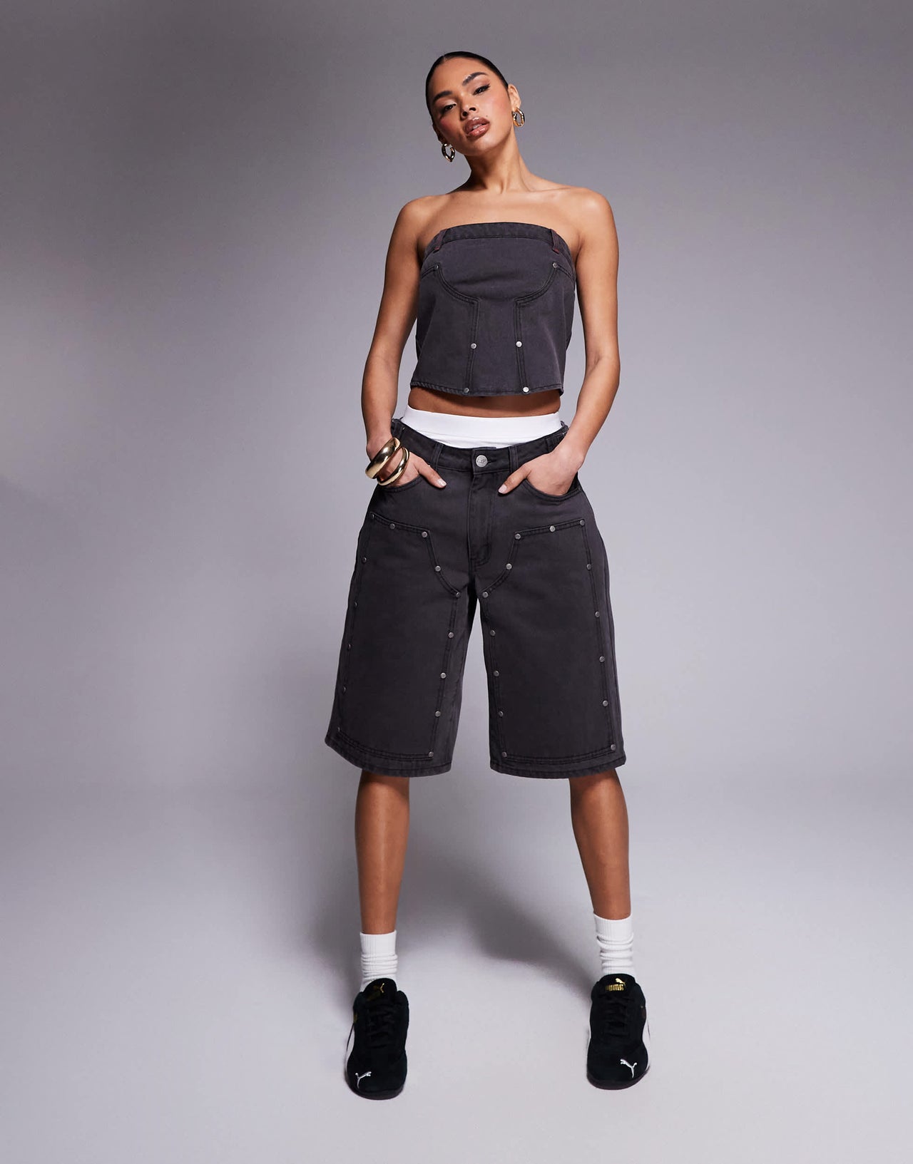 Liquor N Poker denim bandeau utility corset in dirty black wash