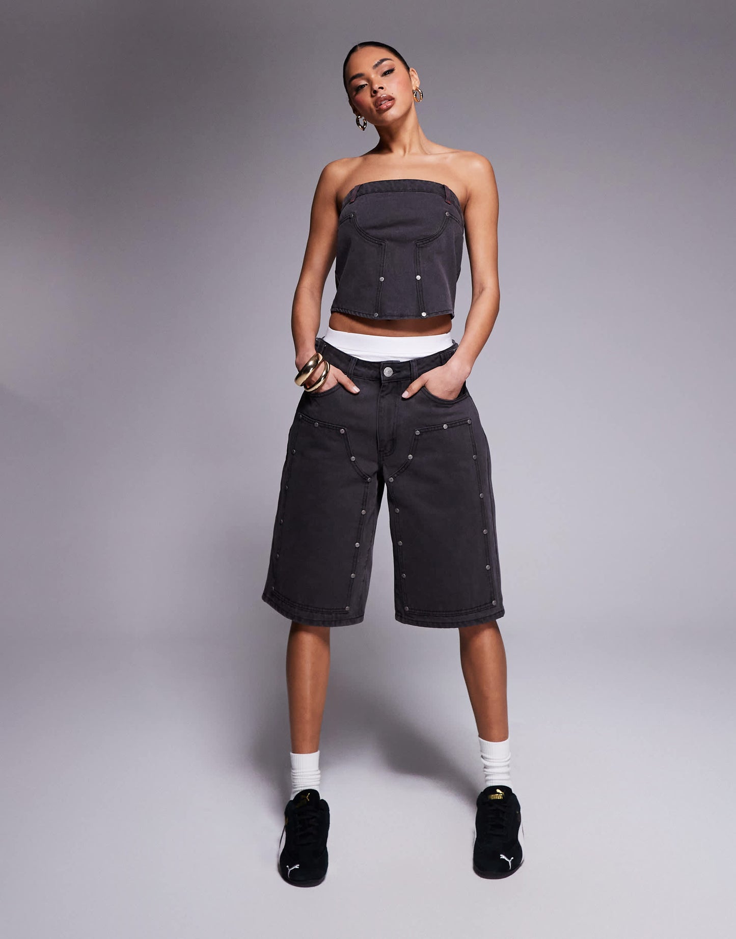 Liquor N Poker denim bandeau utility corset in dirty black wash