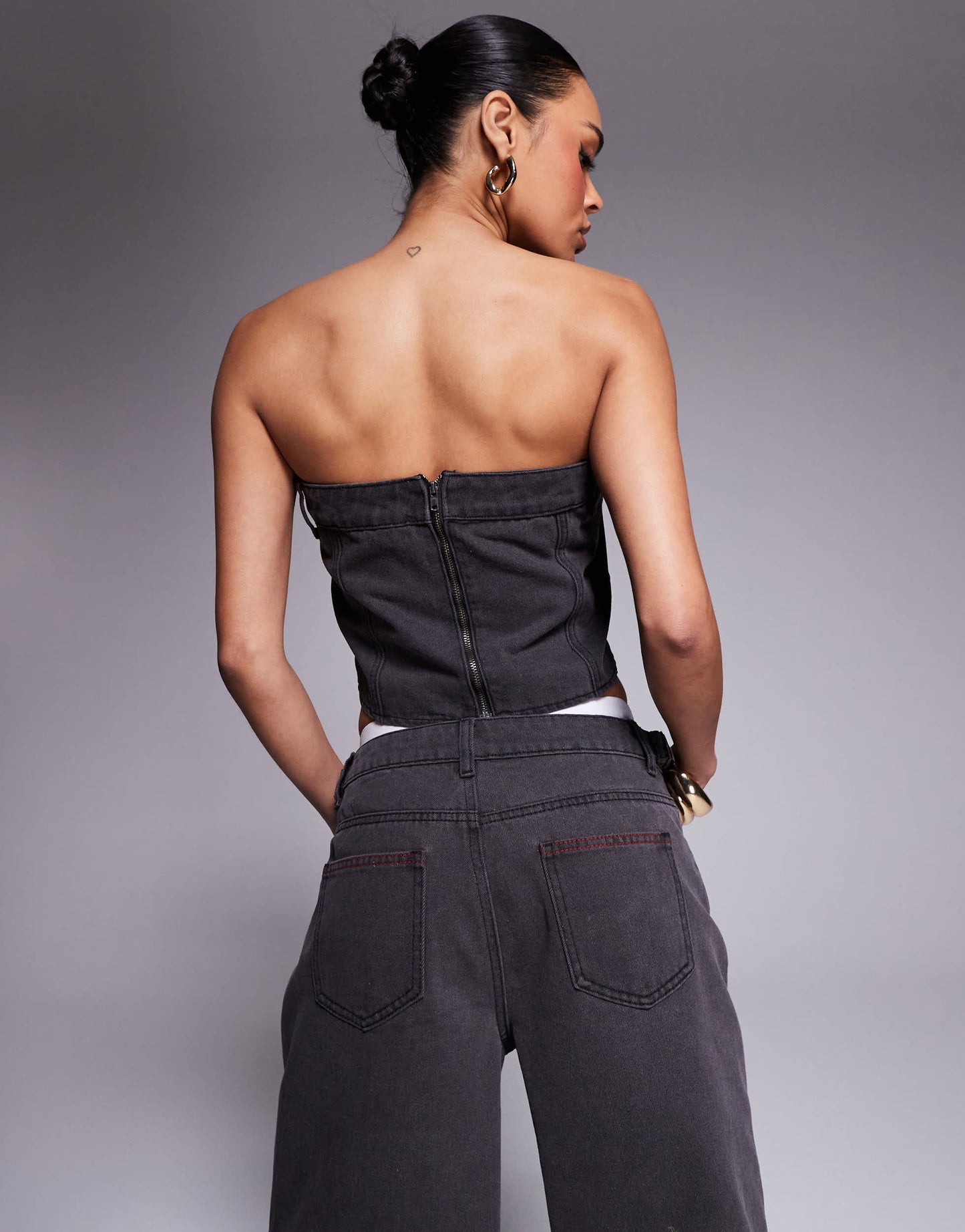 Liquor N Poker denim bandeau utility corset in dirty black wash