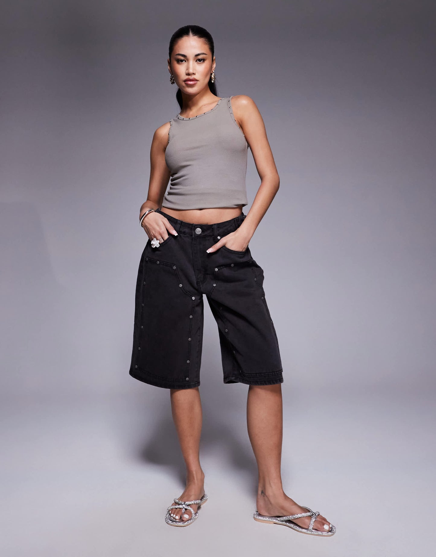 Liquor N Poker mid rise denim utility jorts in dirty black wash
