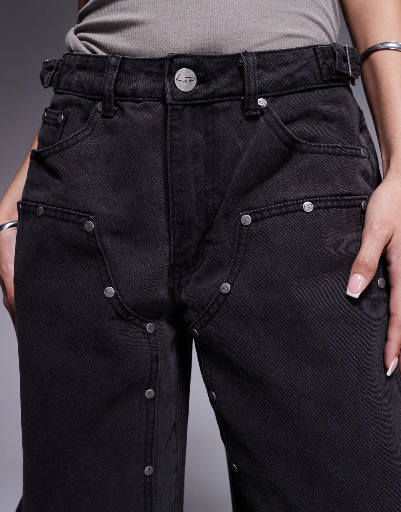 Liquor N Poker mid rise denim utility jorts in dirty black wash
