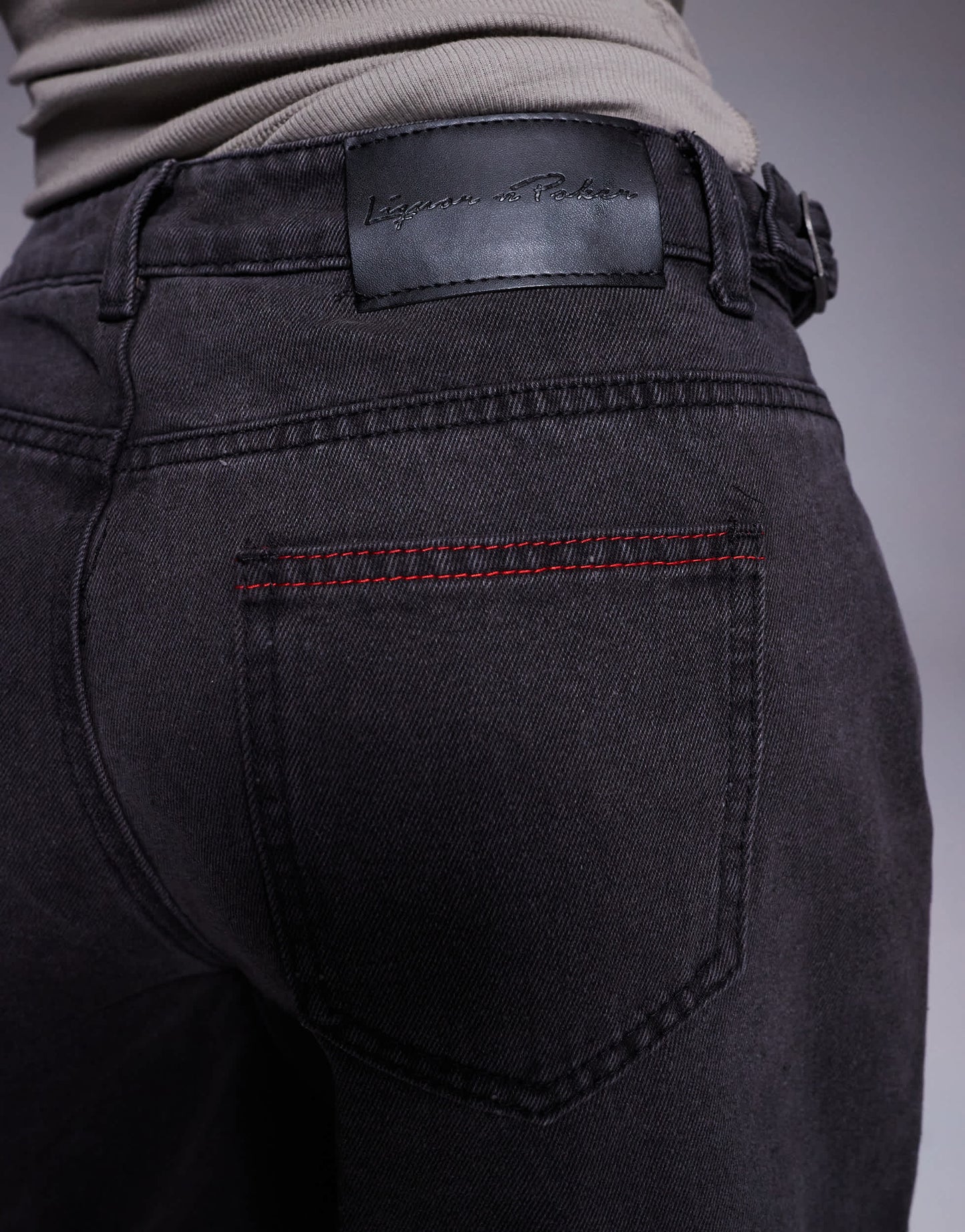 Liquor N Poker mid rise denim utility jorts in dirty black wash