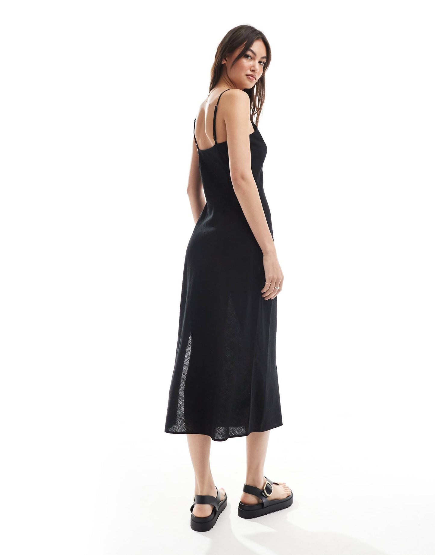 Monki linen midaxi slip dress in black exclusive to ASOS