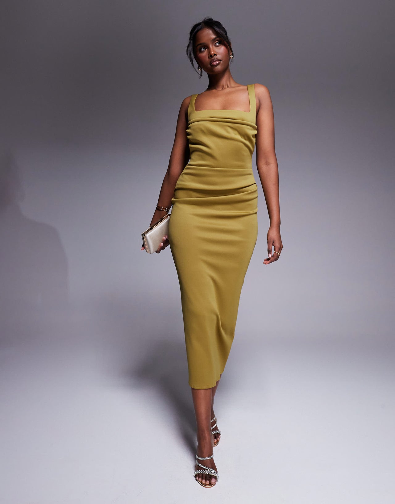 ASOS DESIGN  curved neckline midi dress with split in bronze in scuba-style fabric