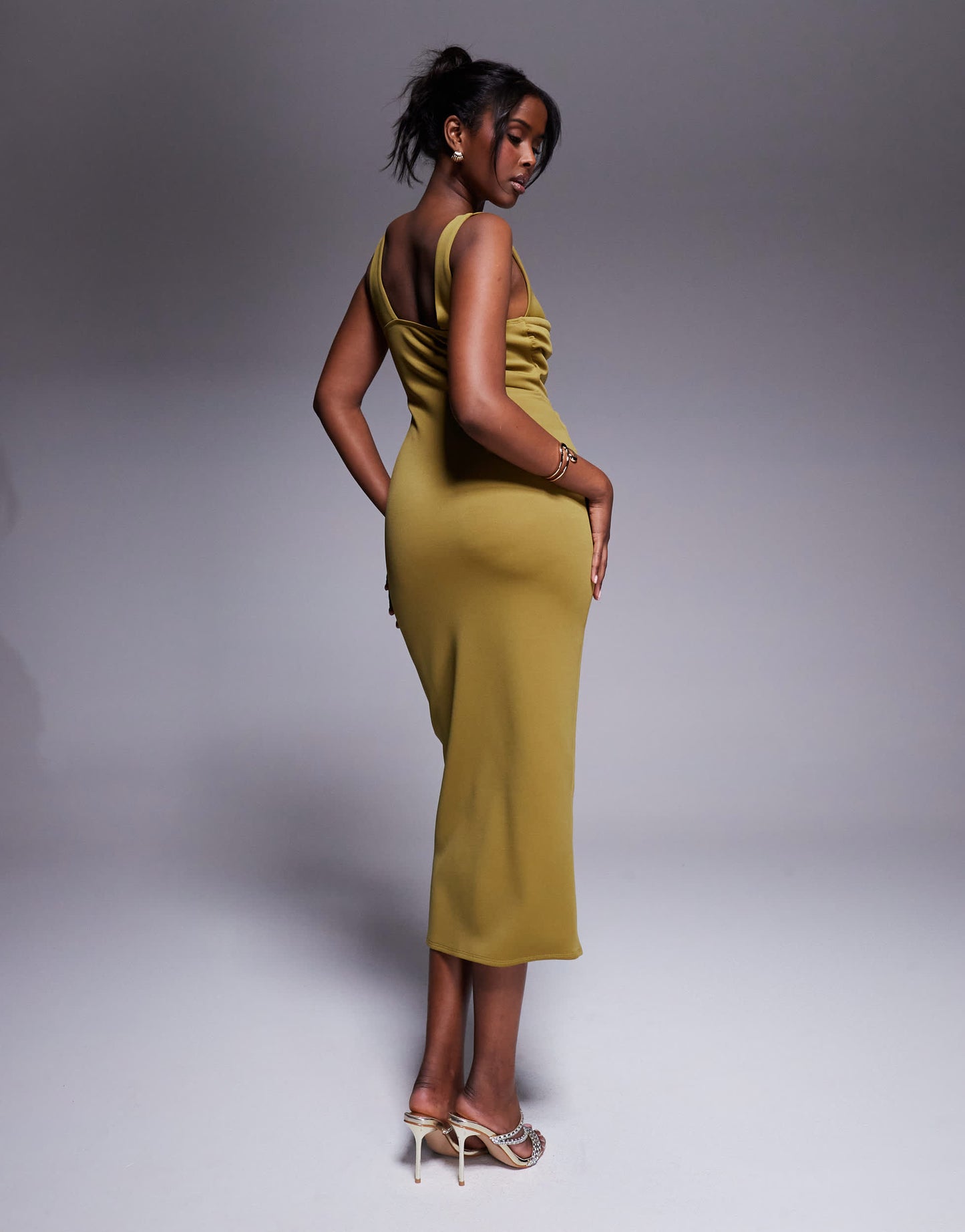 ASOS DESIGN  curved neckline midi dress with split in bronze in scuba-style fabric