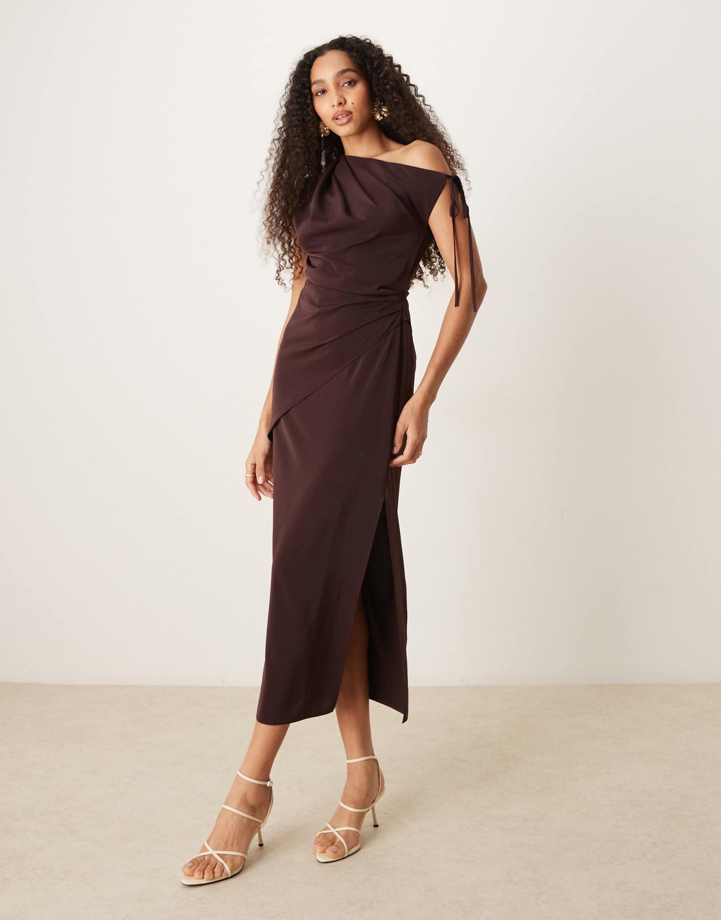ASOS DESIGN fallen shoulder tie detail slinky midi dress in chocolate