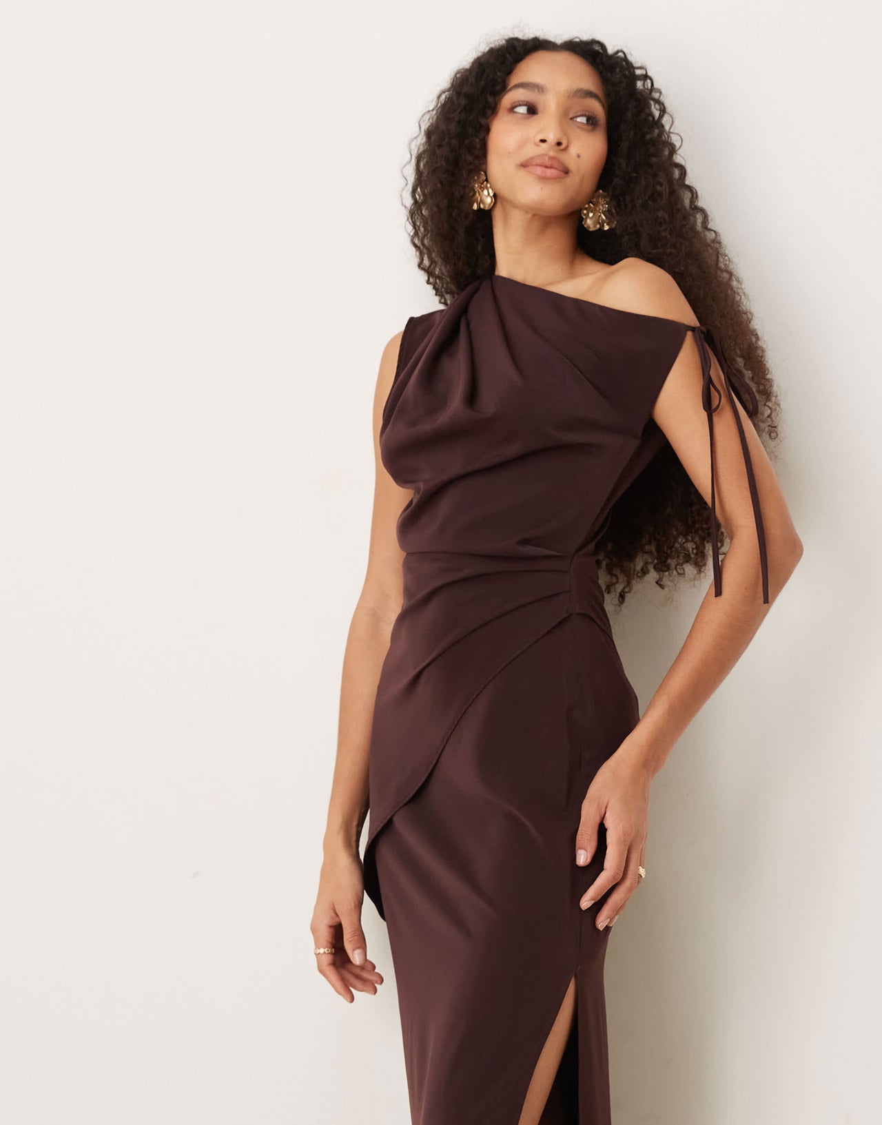 ASOS DESIGN fallen shoulder tie detail slinky midi dress in chocolate