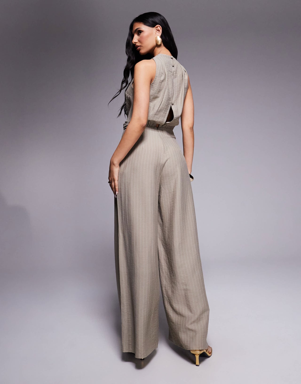 ASOS DESIGN ruched waist detail v neck jumpsuit in stripe