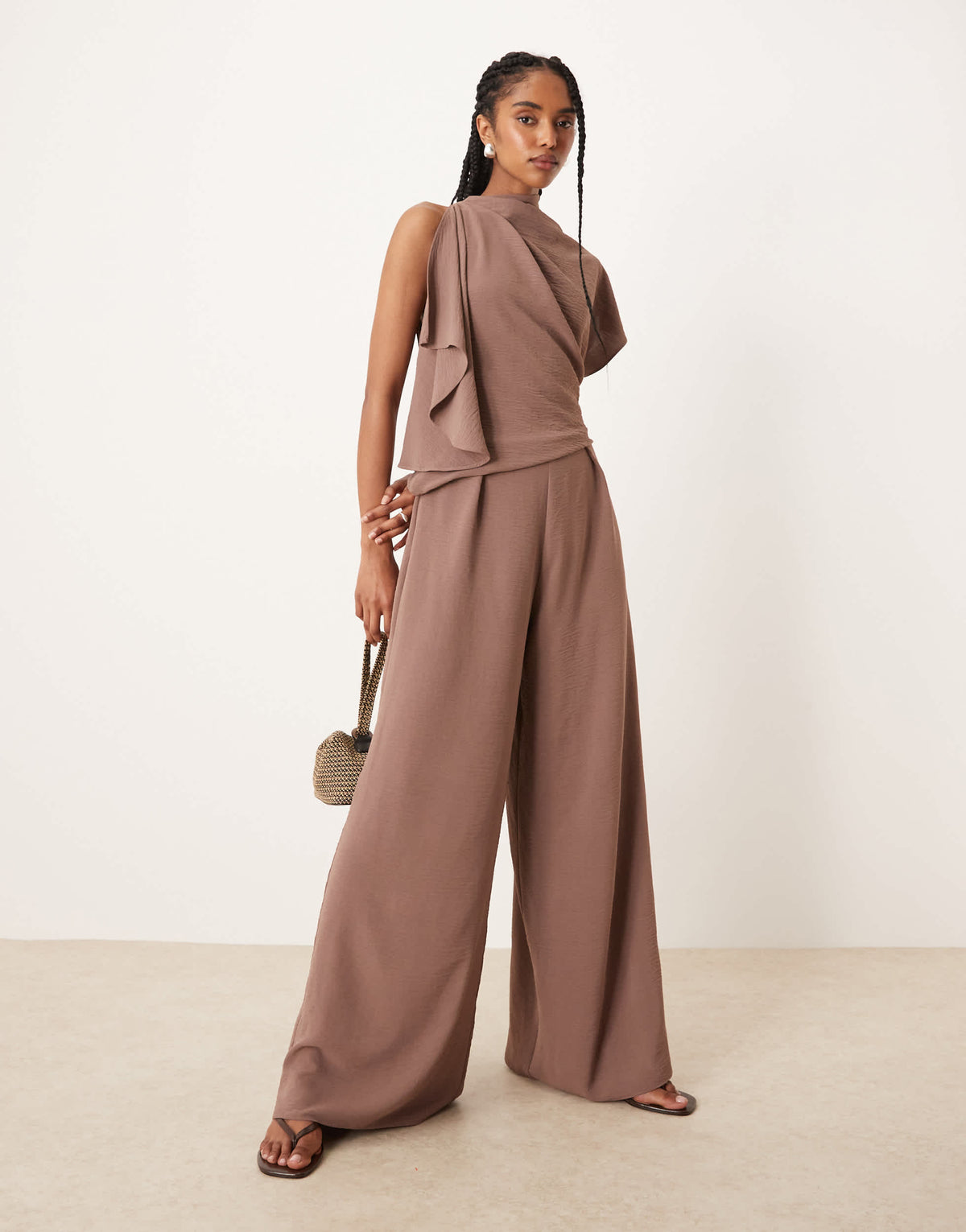 ASOS DESIGN asym drape neck jumpsuit in deep taupe