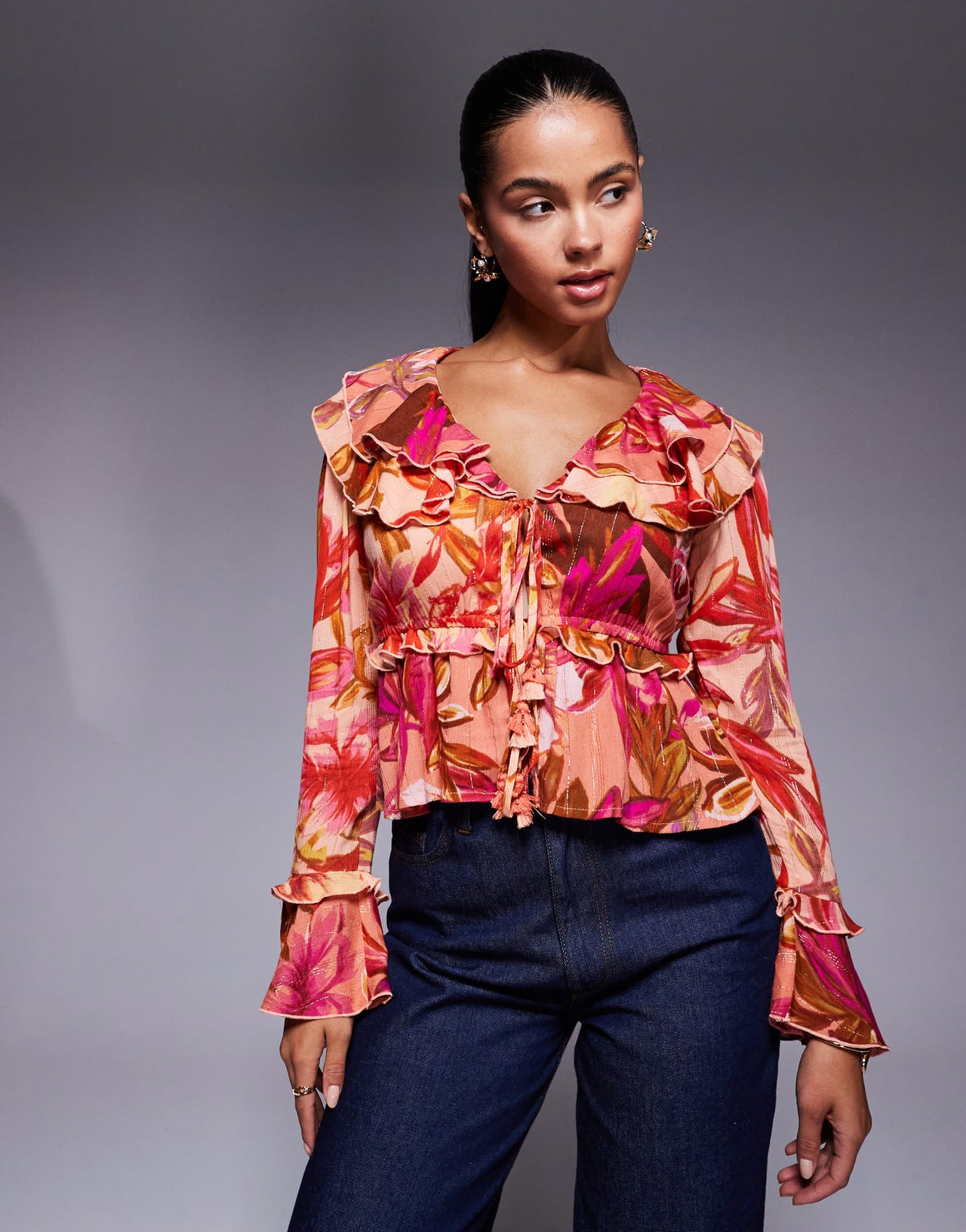 River Island floral long sleeve sheer top in orange and red