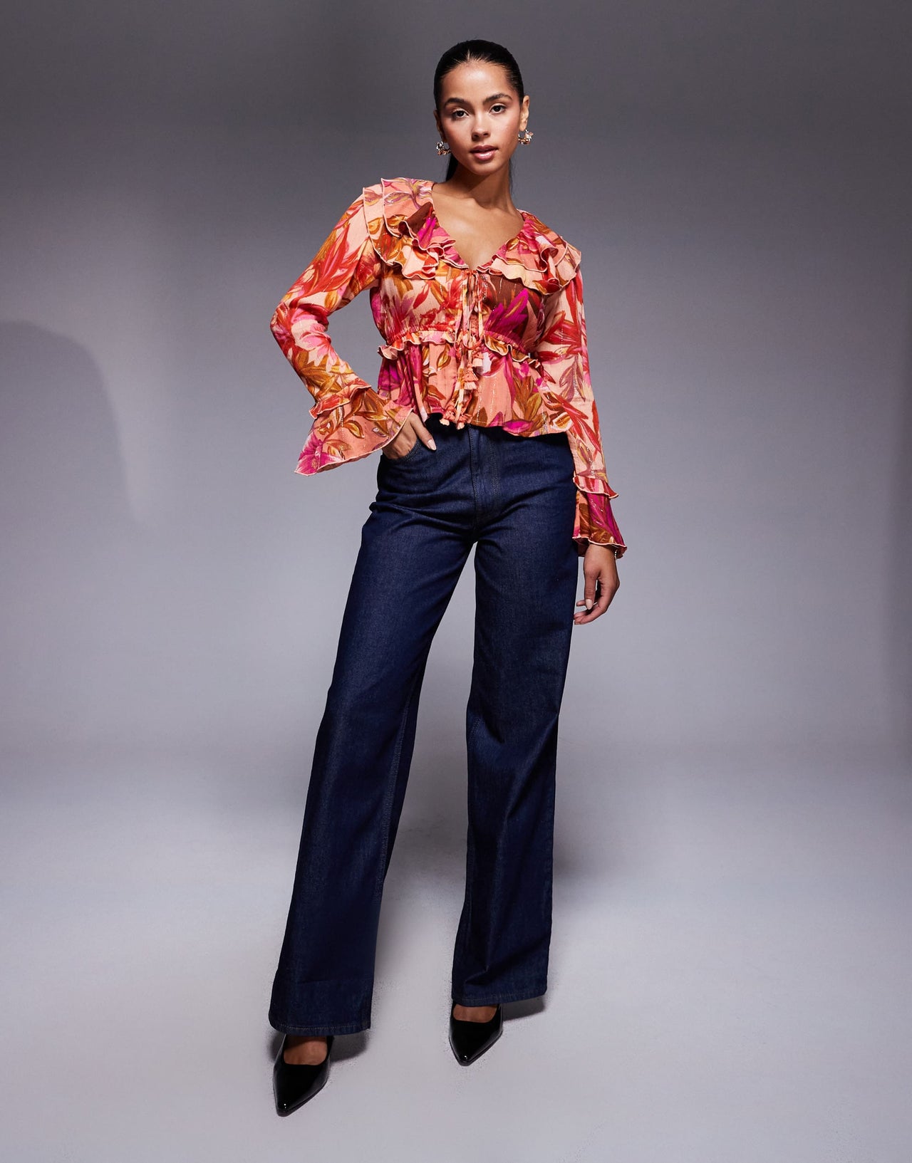 River Island floral long sleeve sheer top in orange and red