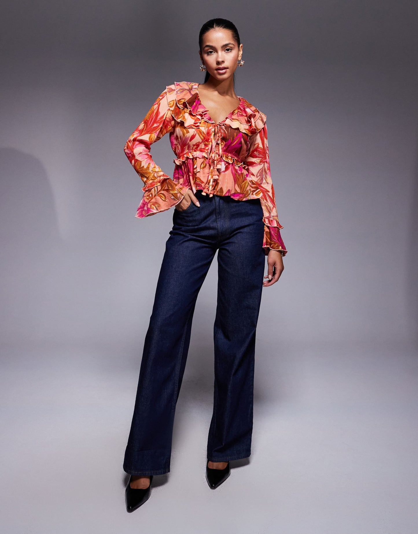 River Island floral long sleeve sheer top in orange and red