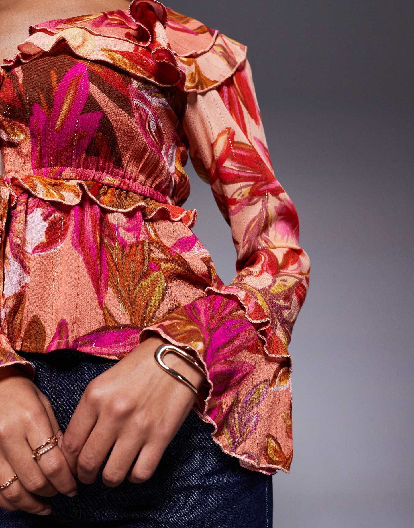 River Island floral long sleeve sheer top in orange and red