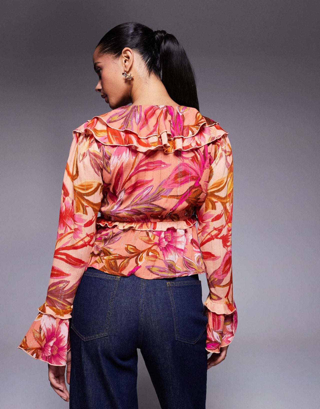 River Island floral long sleeve sheer top in orange and red