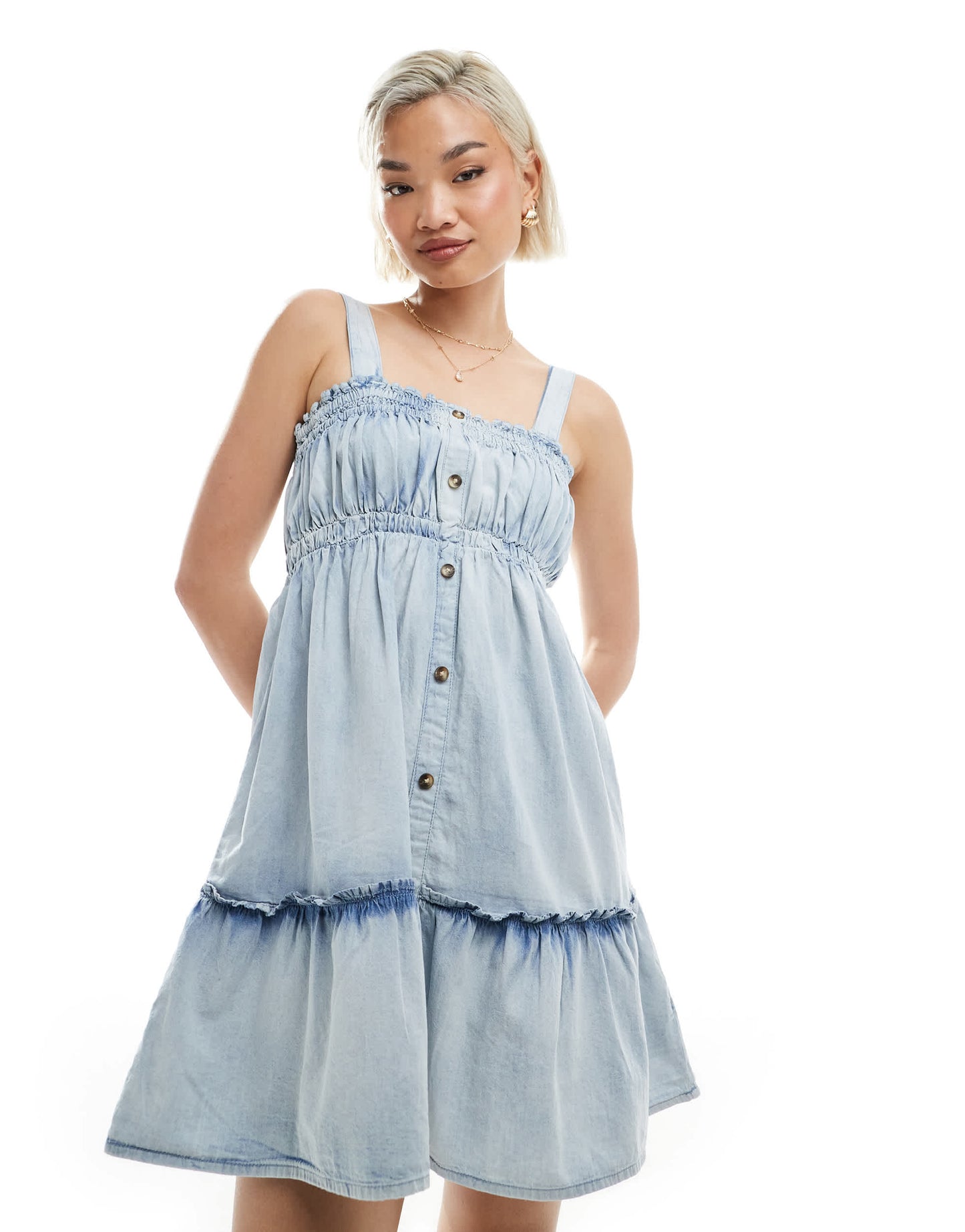 Miss Selfridge ruched chambray mini dress