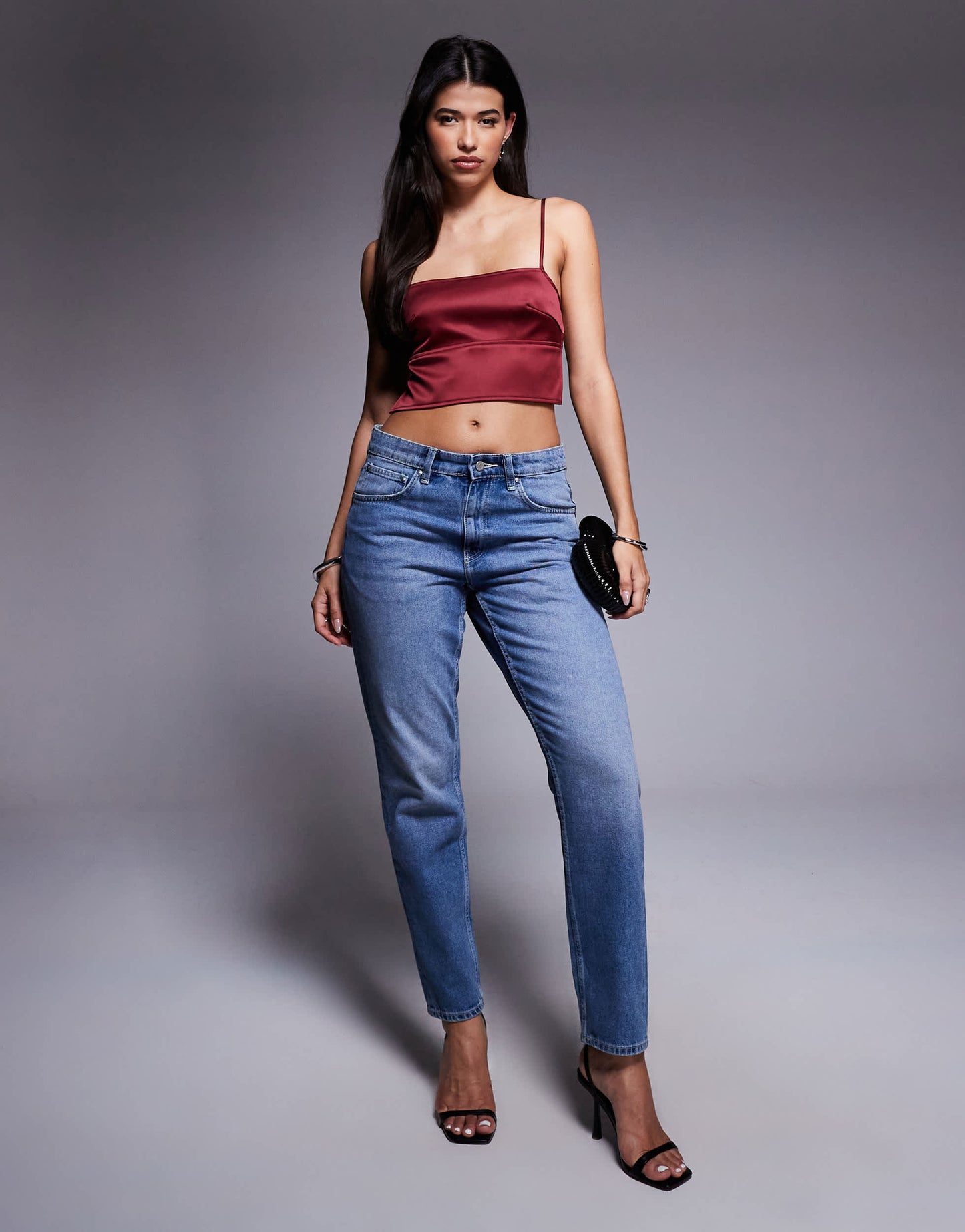 ASOS DESIGN satin open back strappy top in burgundy in scuba-style fabric