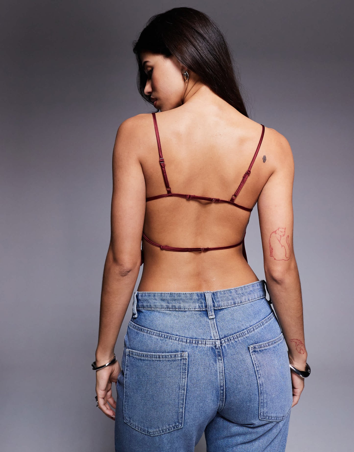 ASOS DESIGN satin open back strappy top in burgundy in scuba-style fabric