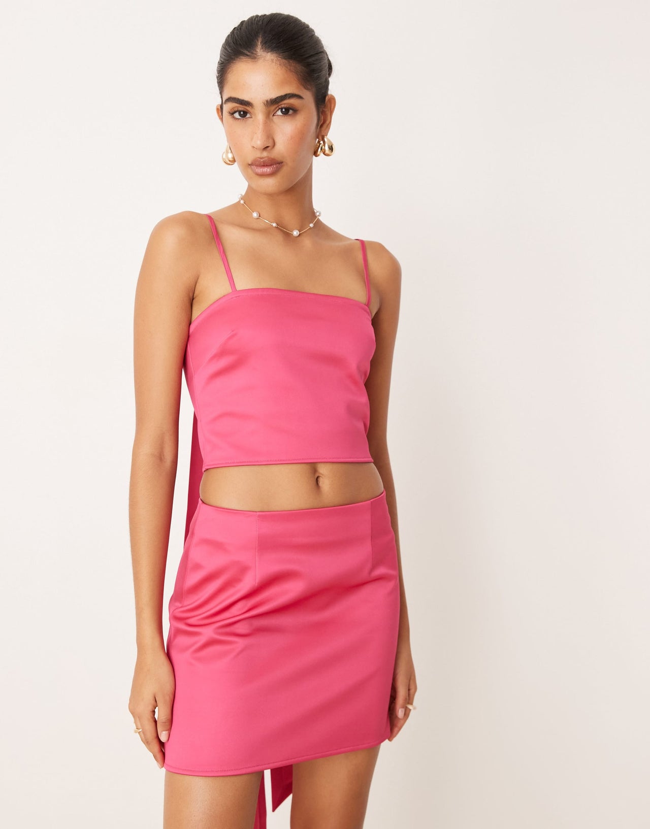 ASOS DESIGN co-ord sash detail satin cropped cami top in hot pink