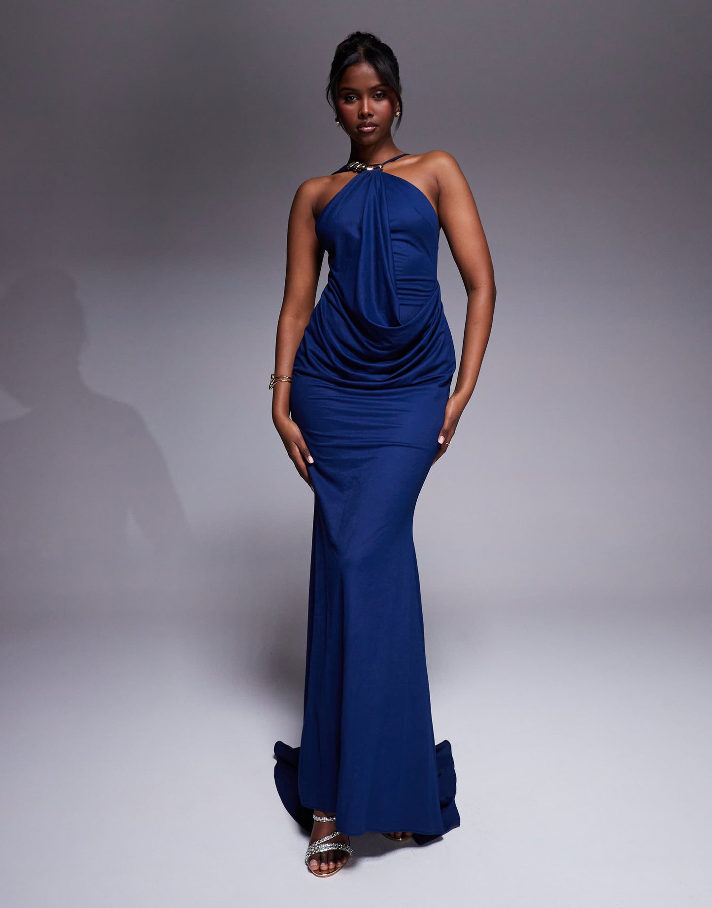 ASOS DESIGN Premium jersey linen halterneck maxi dress with multi trim detail and train in dark blue