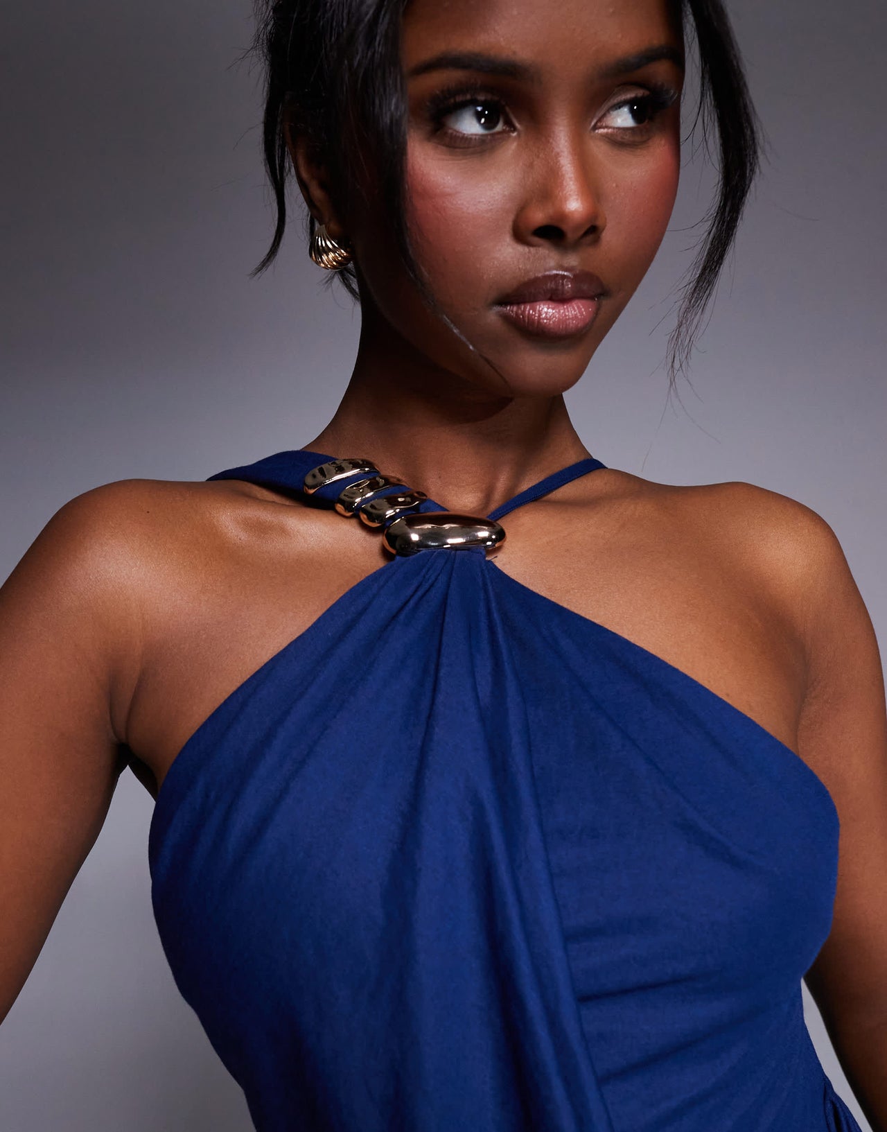 ASOS DESIGN Premium jersey linen halterneck maxi dress with multi trim detail and train in dark blue