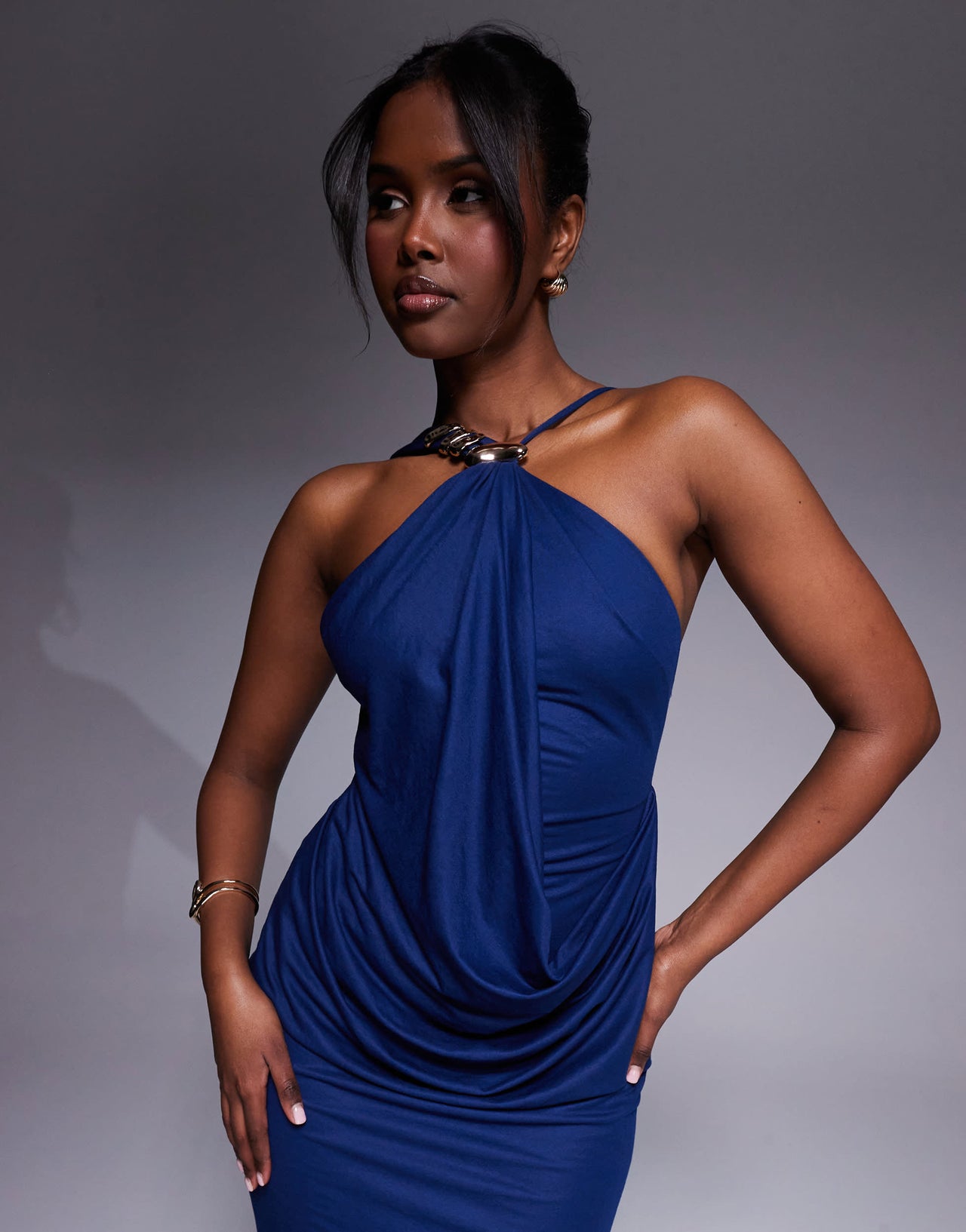 ASOS DESIGN Premium jersey linen halterneck maxi dress with multi trim detail and train in dark blue