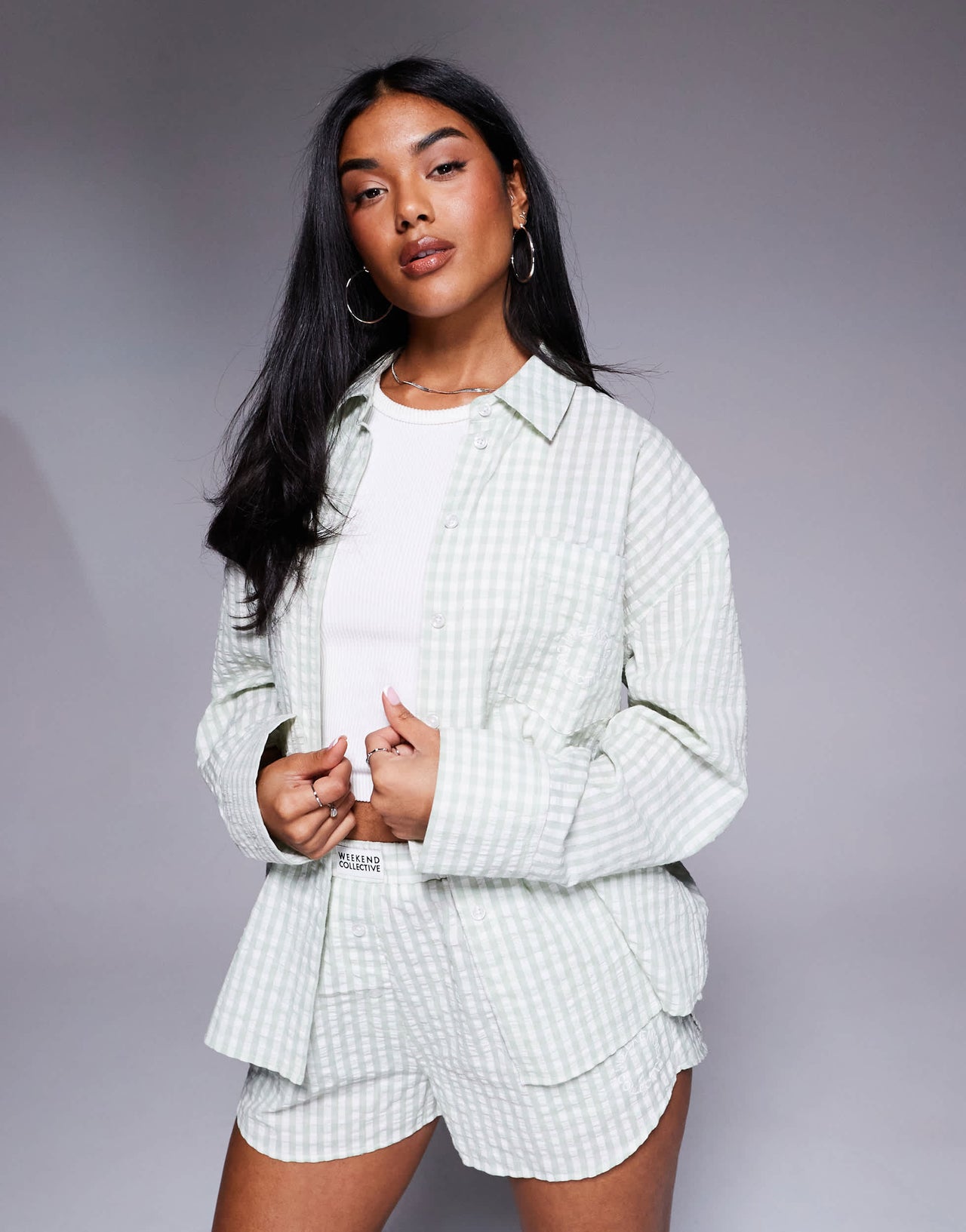 Weekend Collective co-ord gingham woven shirt in pastel green