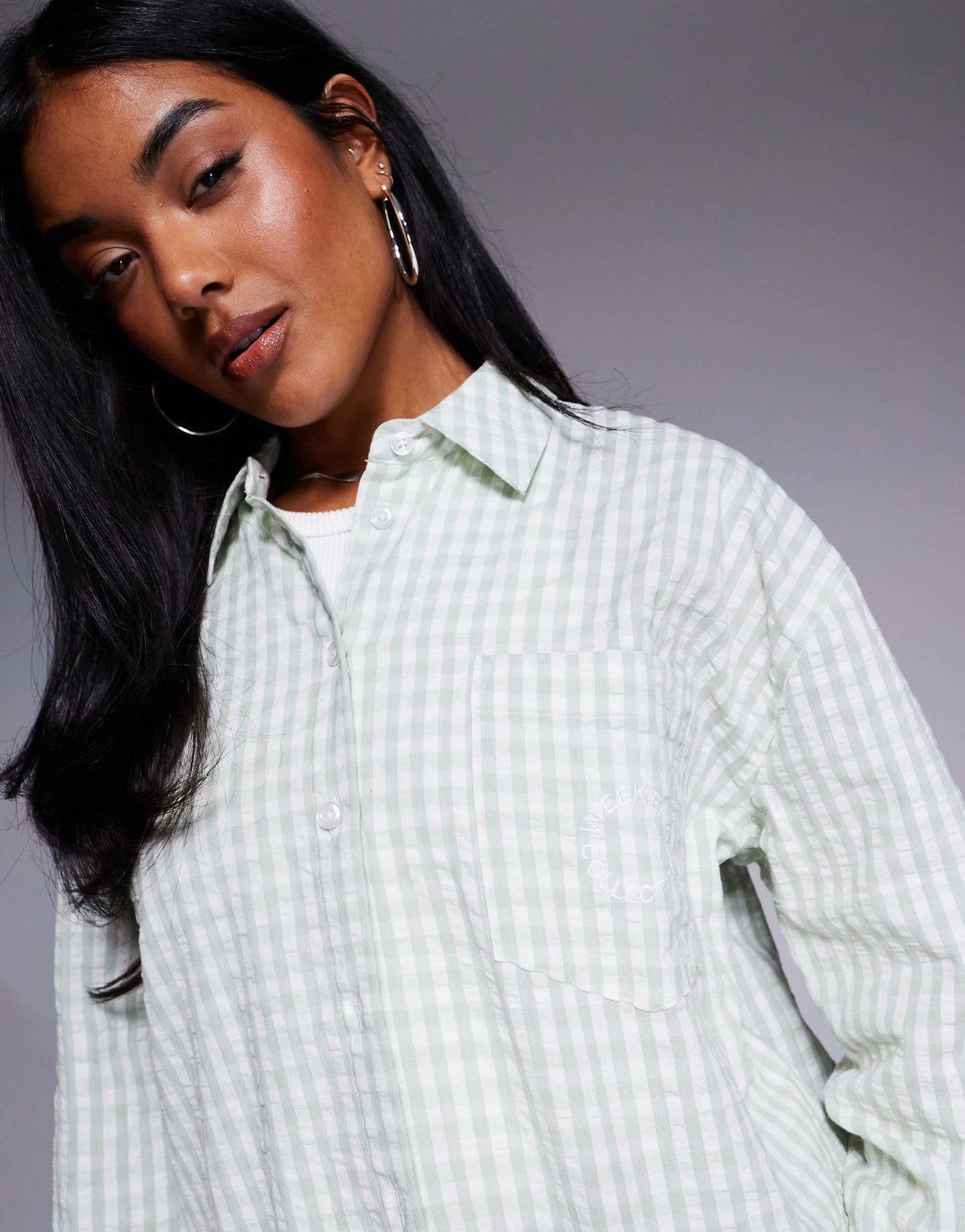 Weekend Collective co-ord gingham woven shirt in pastel green