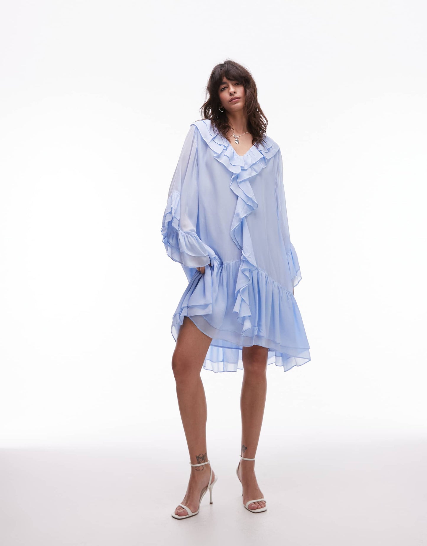 & Other Stories sheer chiffon mini dress with ruffles and tier hem in soft blue