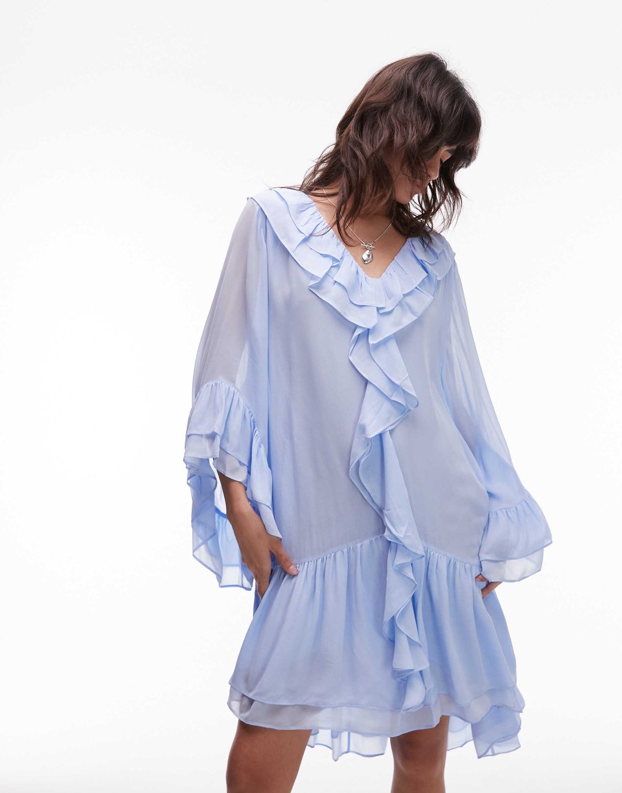 & Other Stories sheer chiffon mini dress with ruffles and tier hem in soft blue