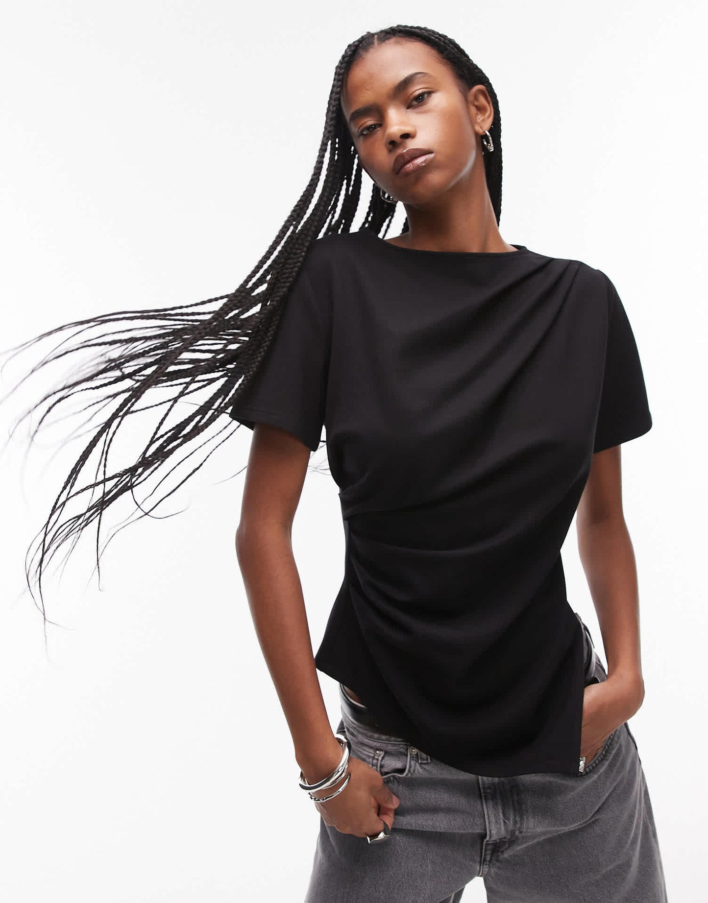 & Other Stories jersey t-shirt with drape front and asymmetric split hem in black