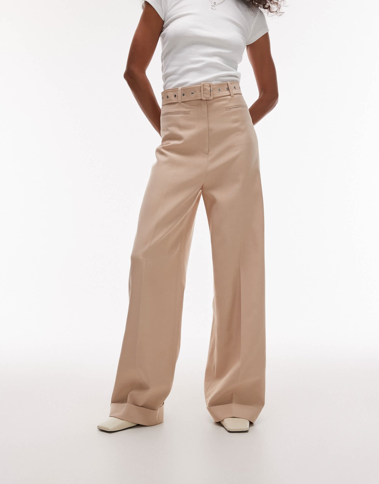 & Other Stories fluid wide leg trousers with eyelet belt in beige