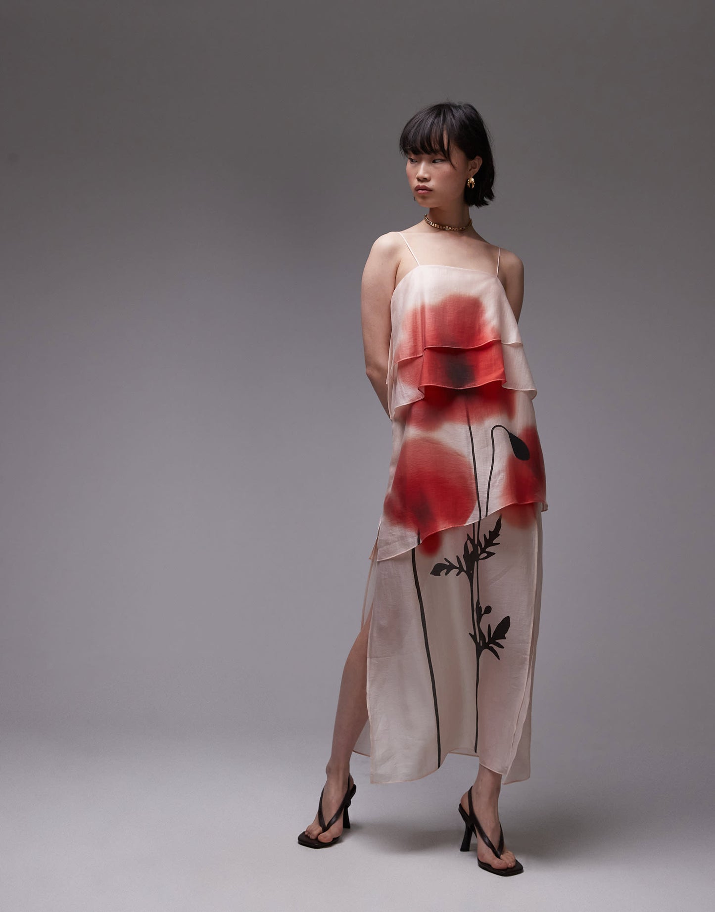 & Other Stories sheer chiffon maxi dress with layers with floral placement print