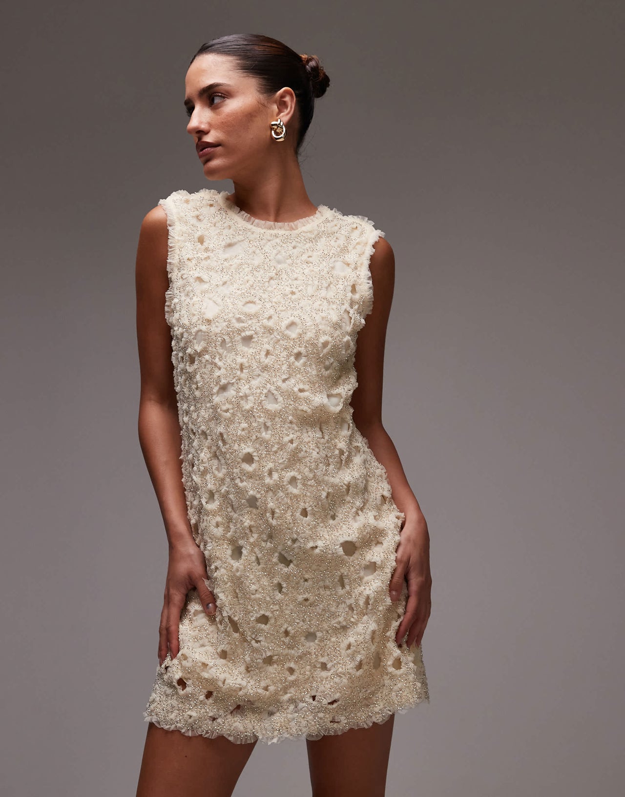 & Other Stories beaded tulle mini dress with cut work detail in cream
