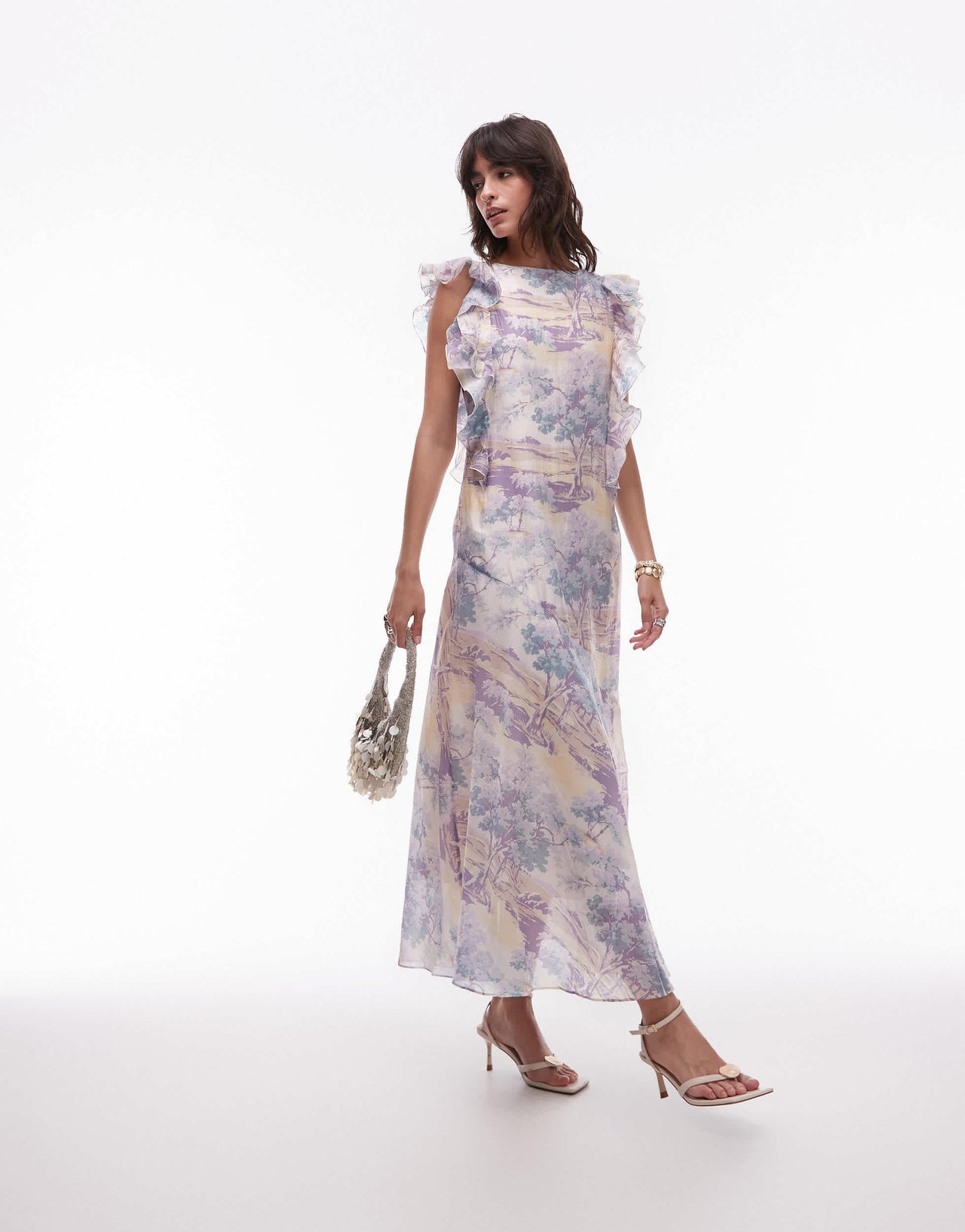 & Other Stories maxi dress with ruffle edging  and low back in vintage landscape print