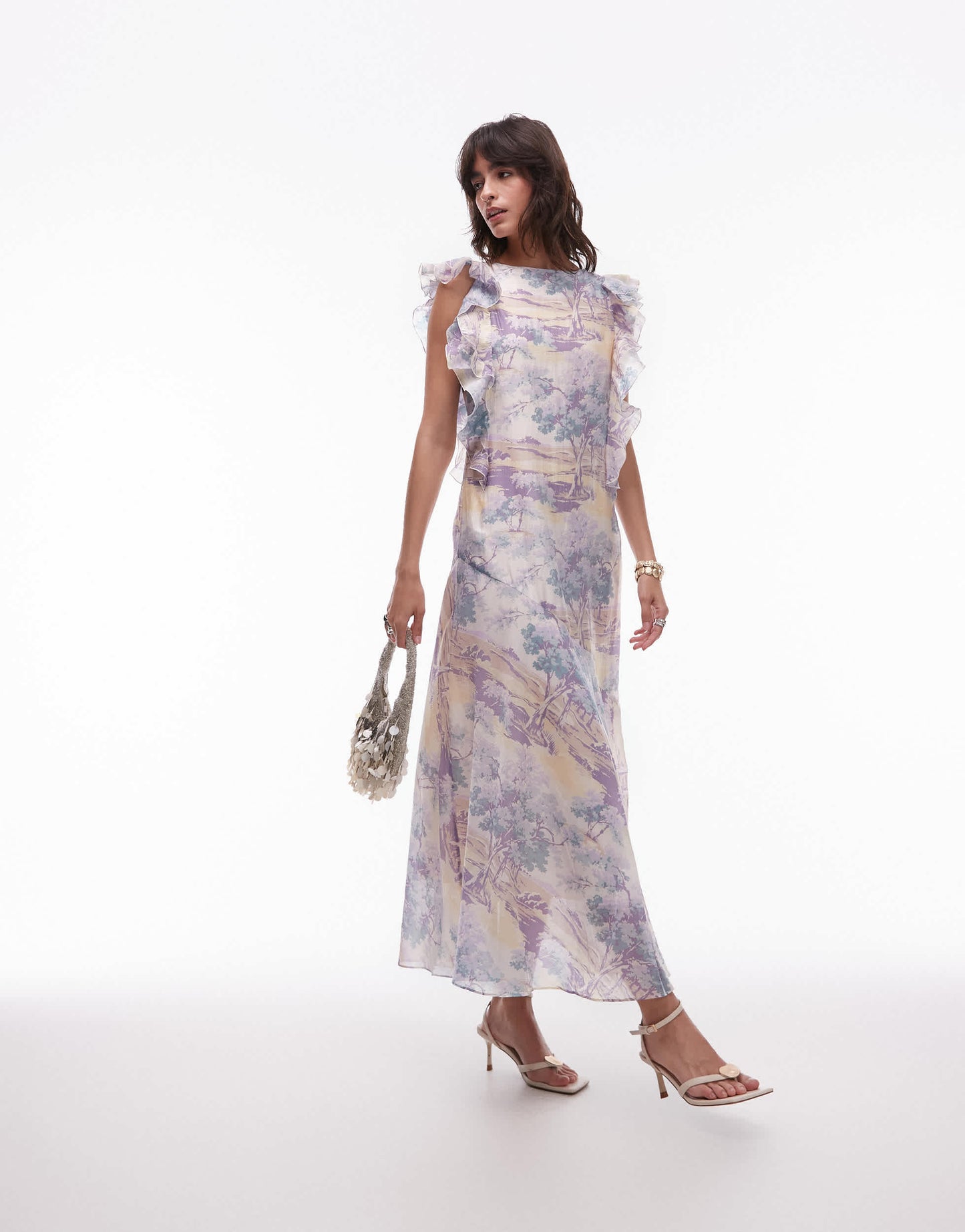 & Other Stories maxi dress with ruffle edging  and low back in vintage landscape print