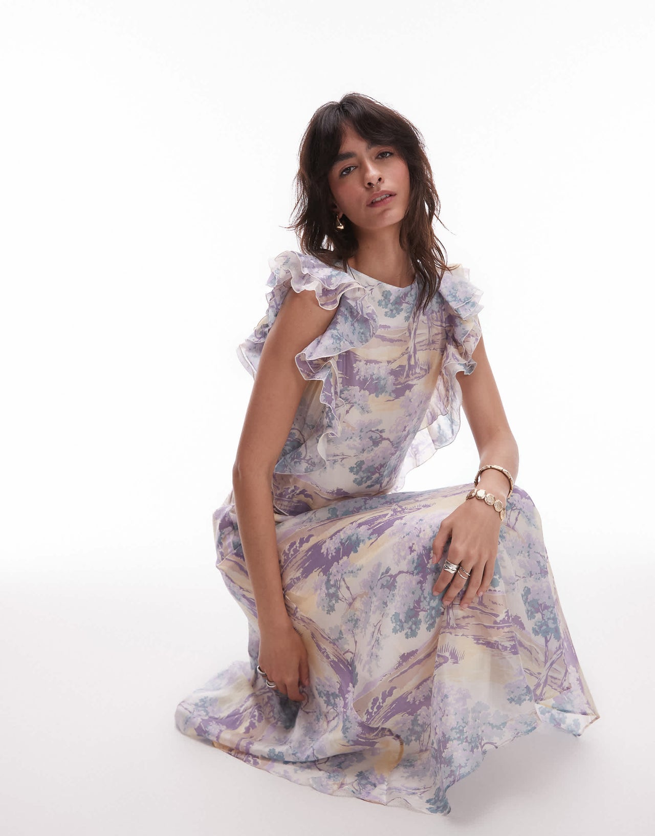 & Other Stories maxi dress with ruffle edging  and low back in vintage landscape print
