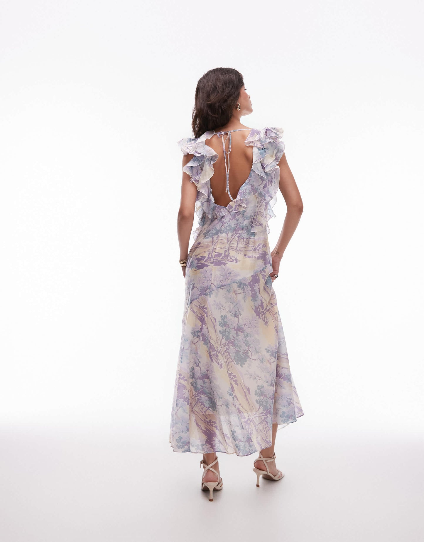 & Other Stories maxi dress with ruffle edging  and low back in vintage landscape print