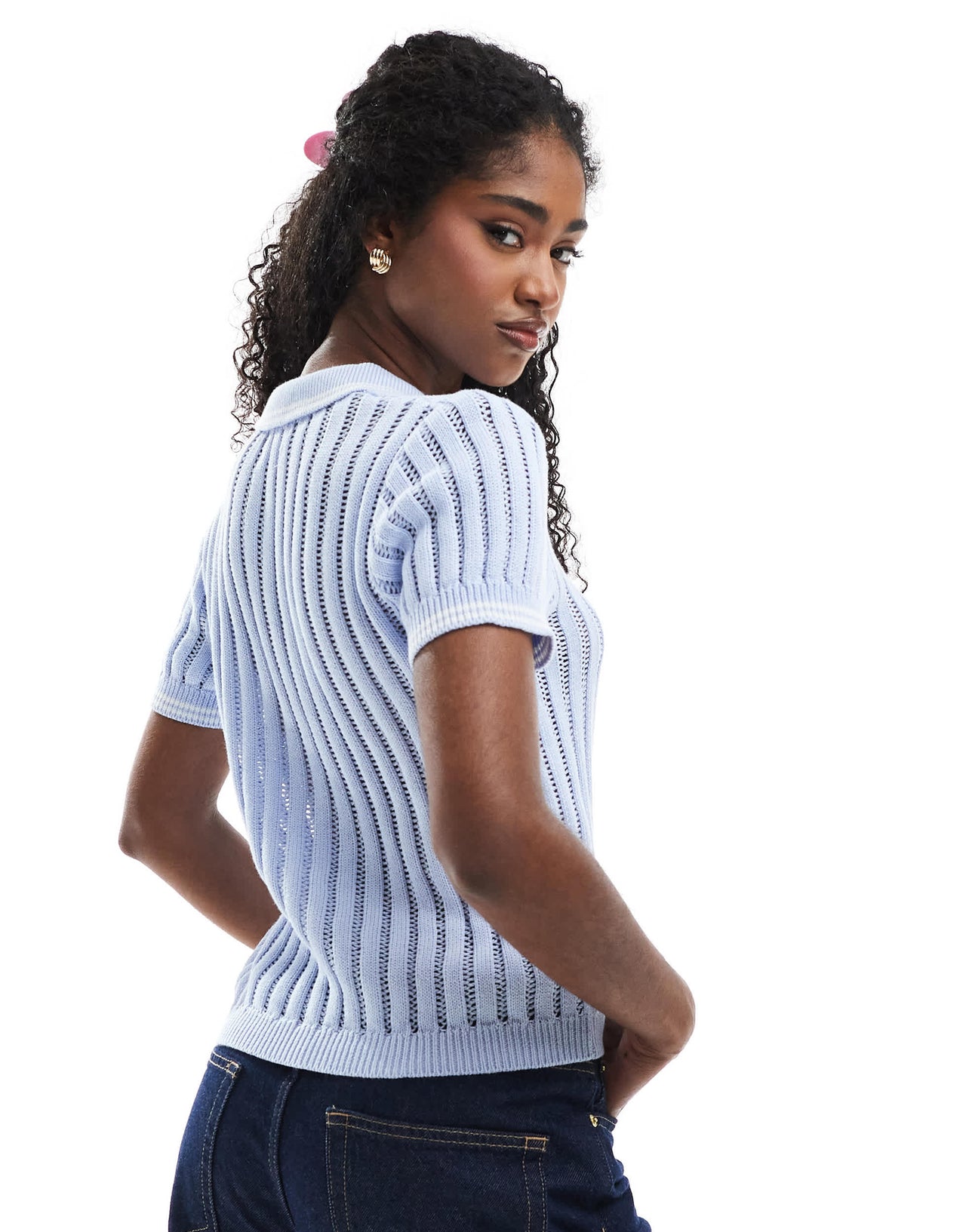 Monki knitted polo top with stitch detail in blue