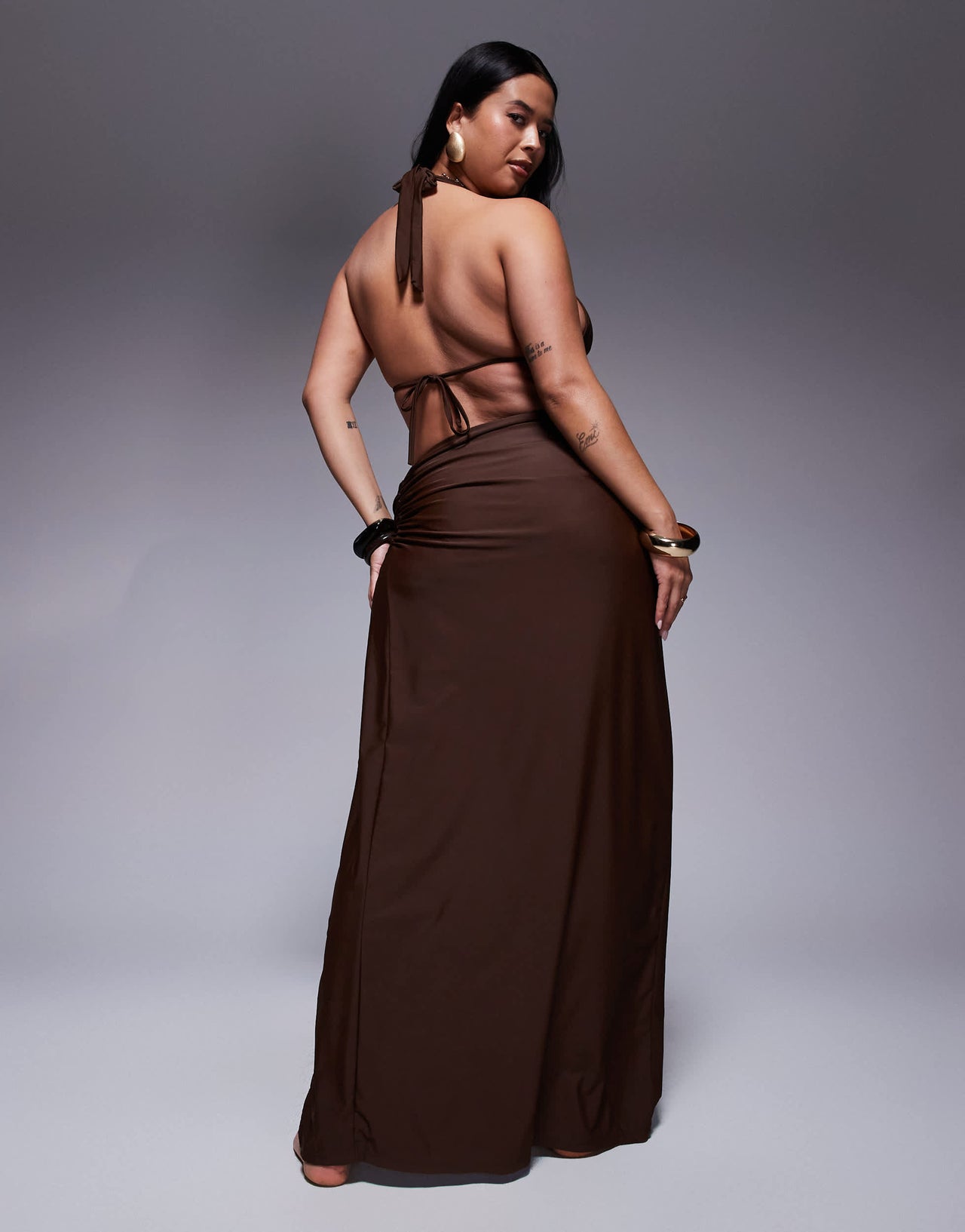 Moda Minx Curve wrap maxi skirt in brown