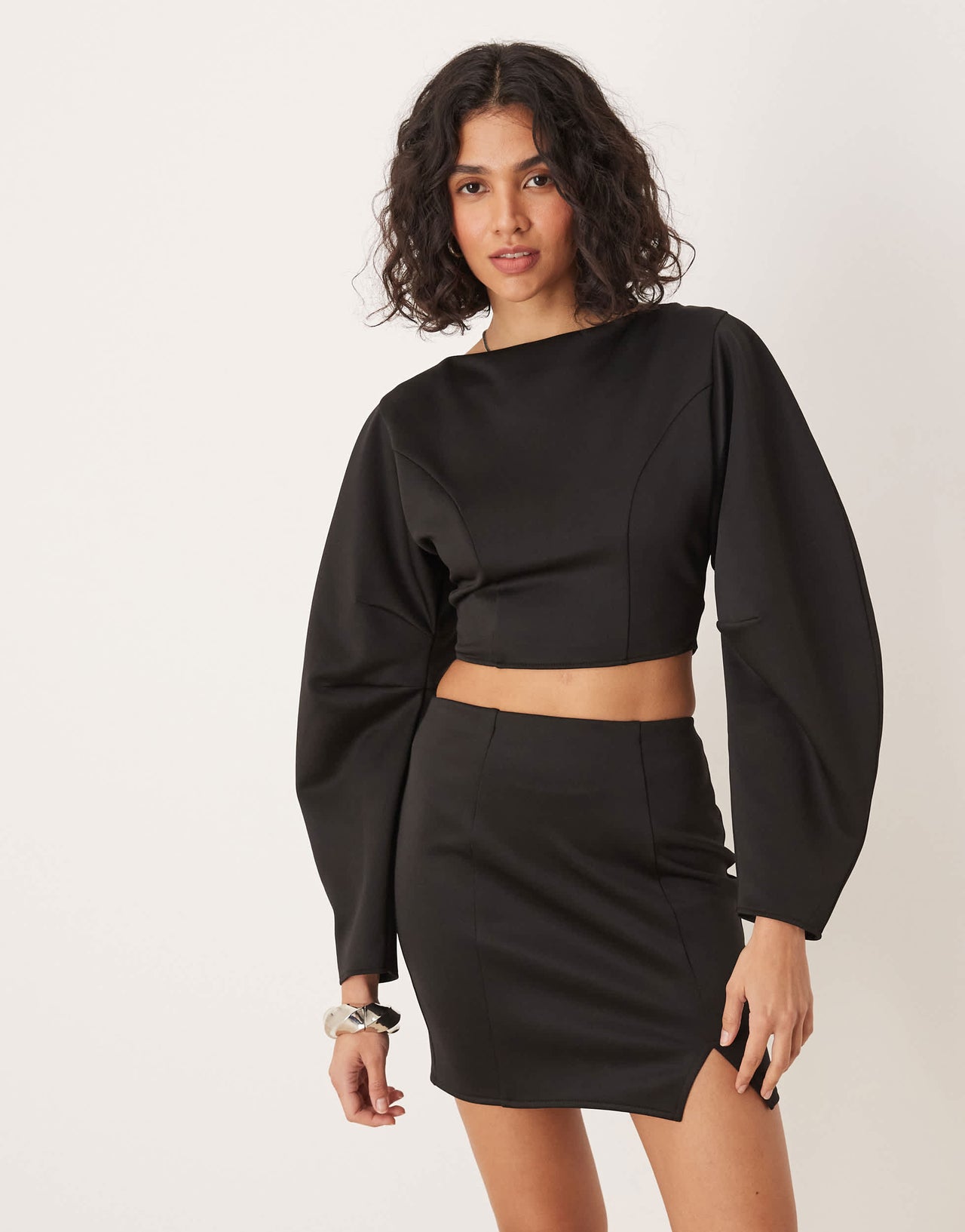 ASOS DESIGN co-ord open back crop top with volume sleeves in black in scuba-style fabric
