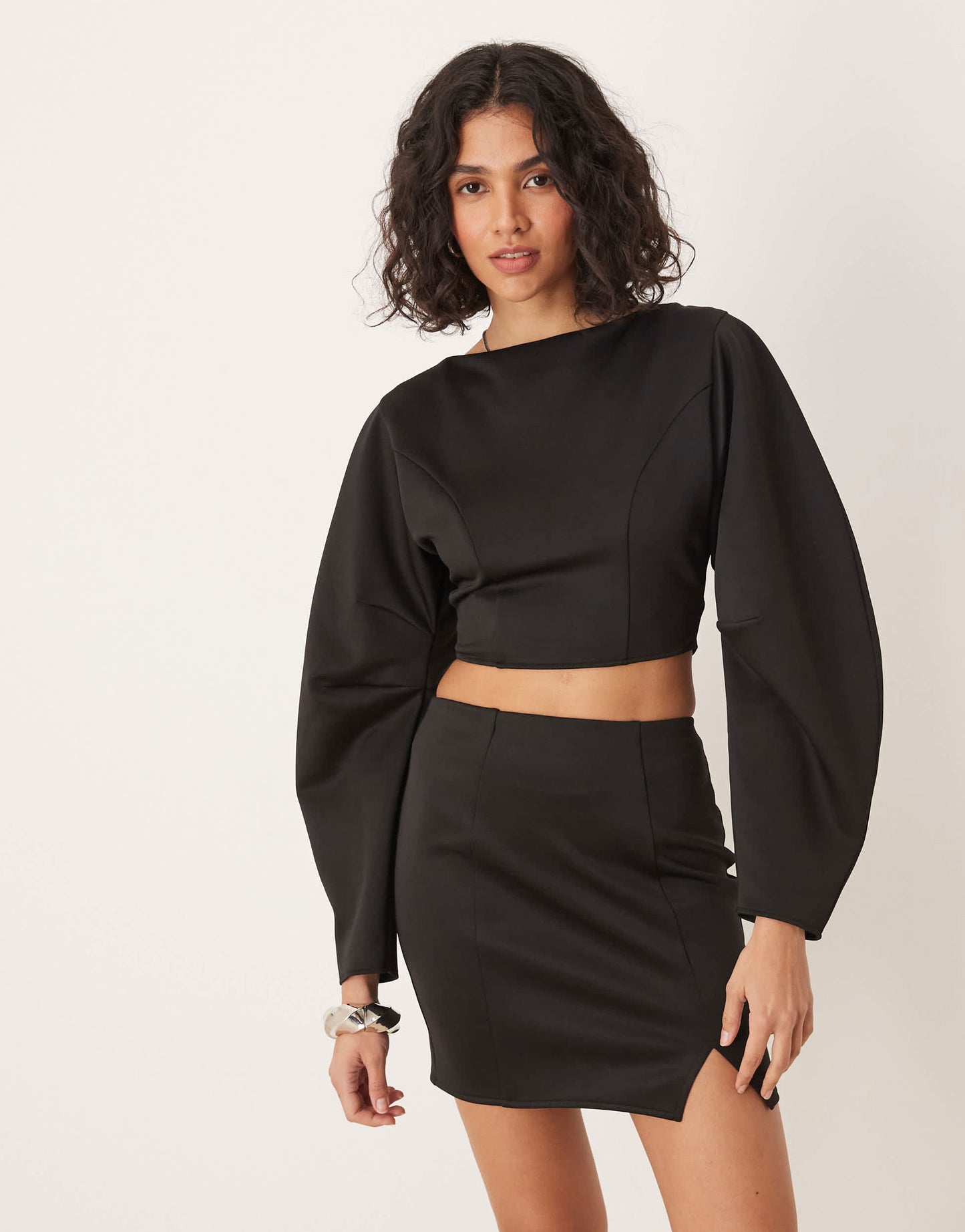 ASOS DESIGN co-ord open back crop top with volume sleeves in black in scuba-style fabric