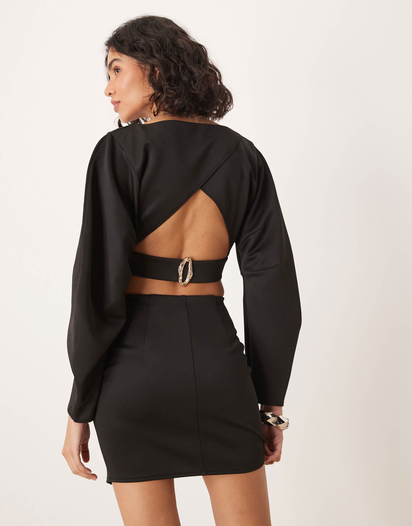 ASOS DESIGN co-ord open back crop top with volume sleeves in black in scuba-style fabric