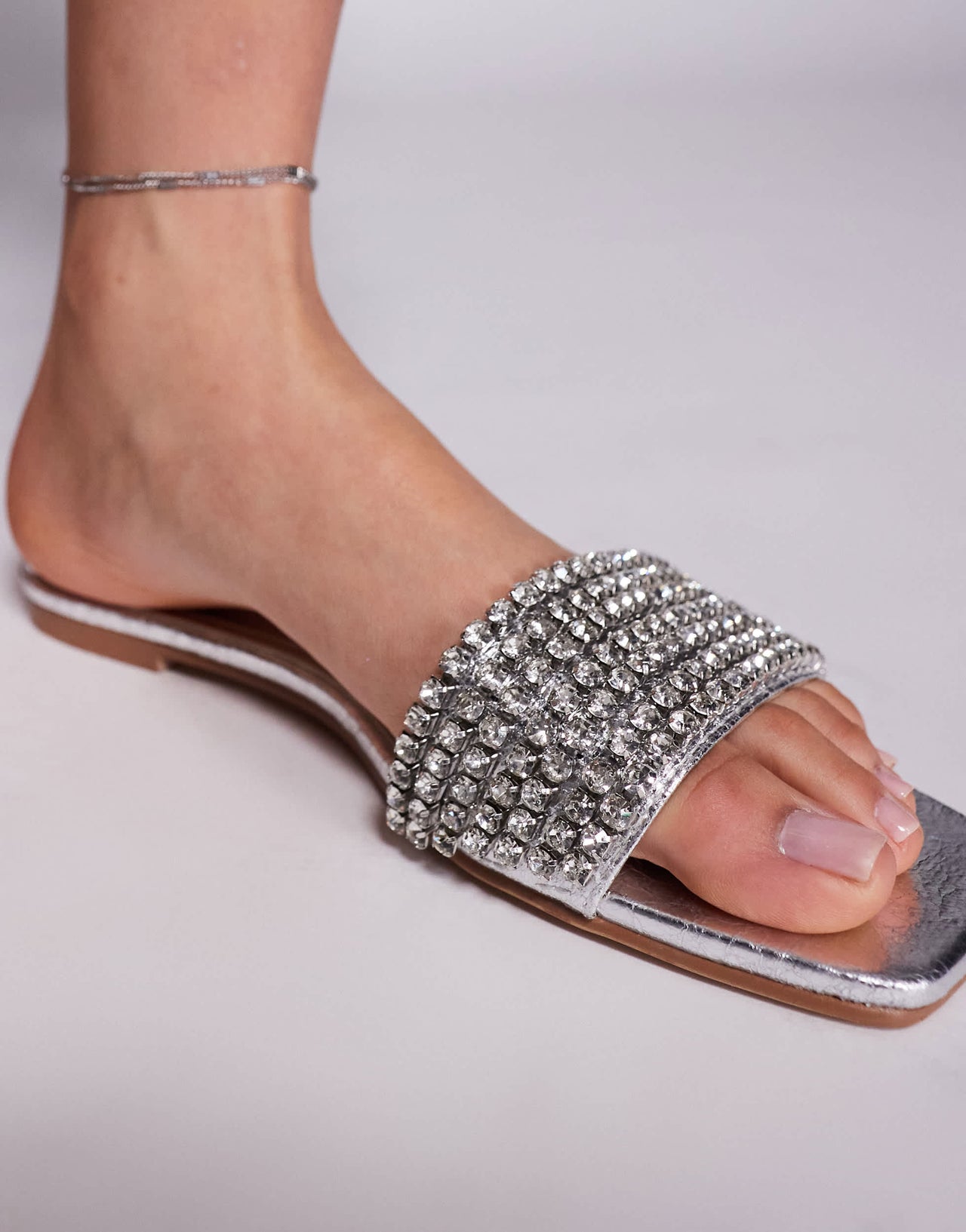 Simmi London Wide Fit Paison diamante flat sandals in silver metallic