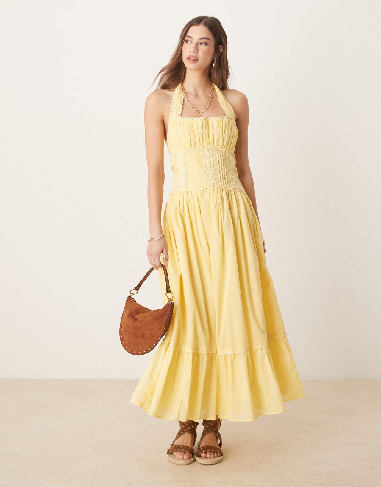 ASOS DESIGN halter neck lace prairie dress with pintucks in lemon
