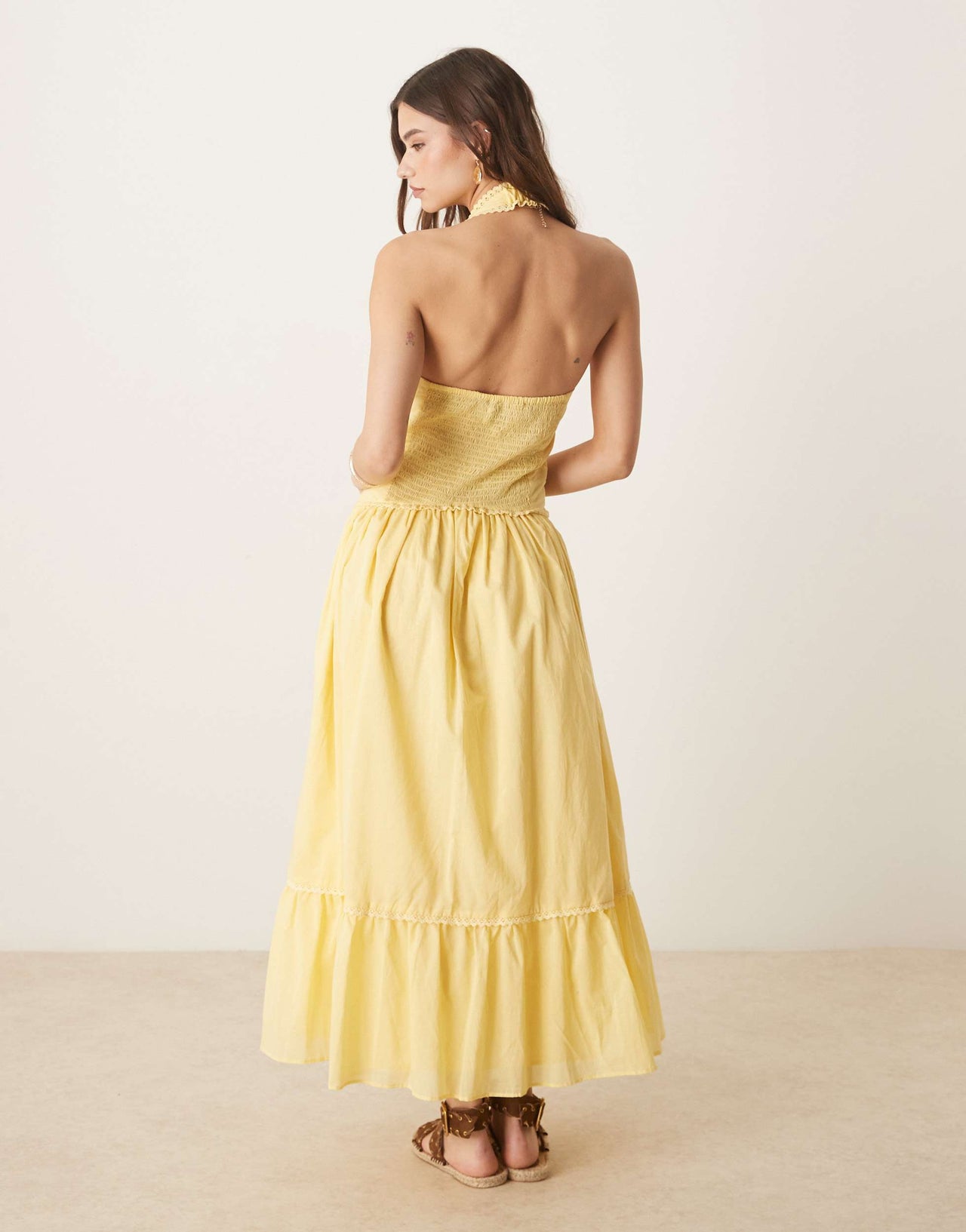 ASOS DESIGN halter neck lace prairie dress with pintucks in lemon
