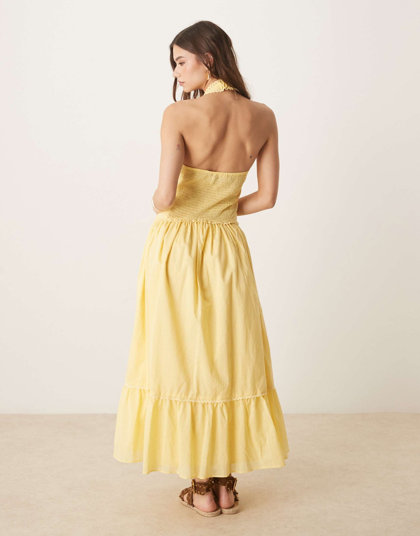 ASOS DESIGN halter neck lace prairie dress with pintucks in lemon