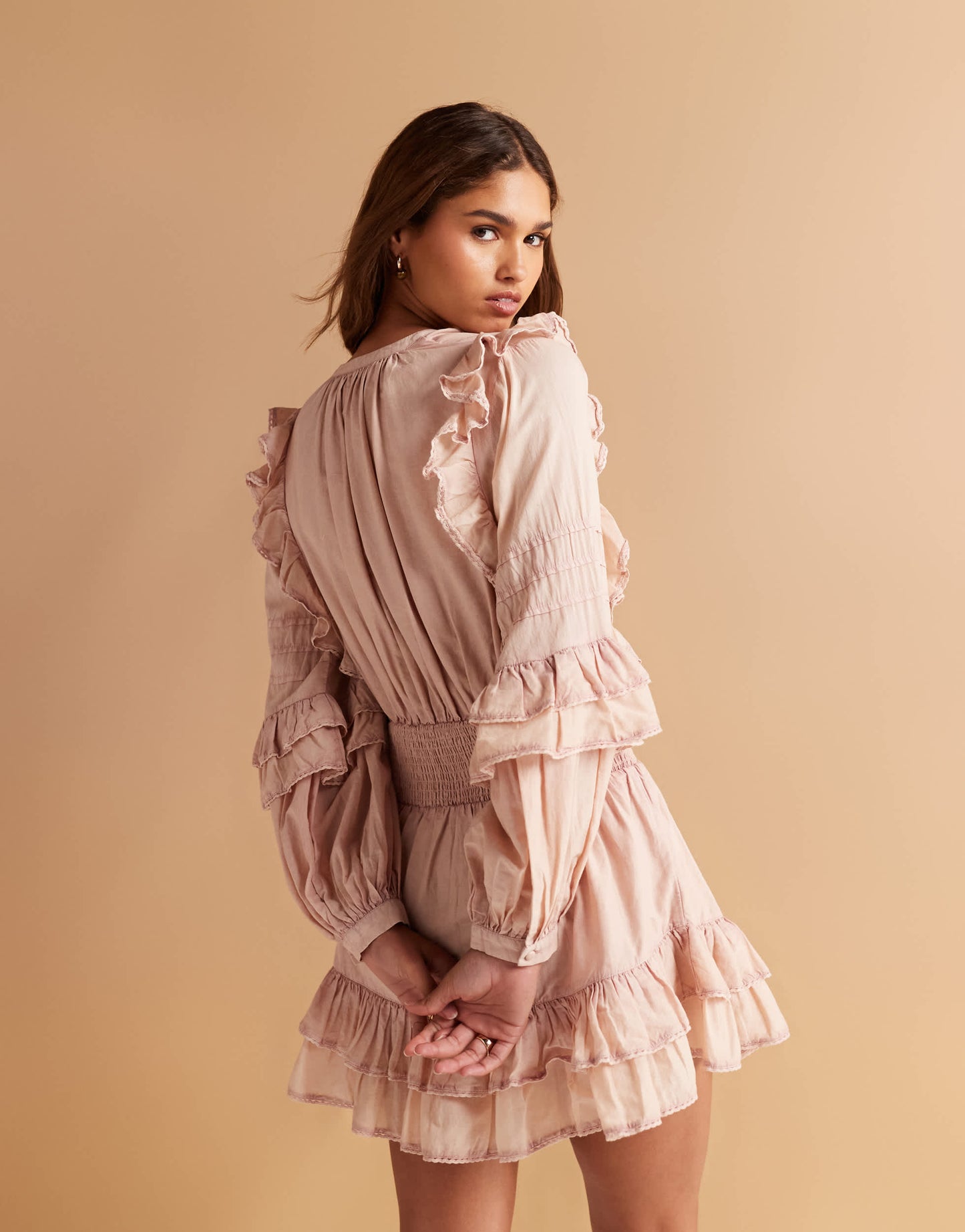 ASOS DESIGN voile mini dress with shirred waist and ruffle hem in washed pink