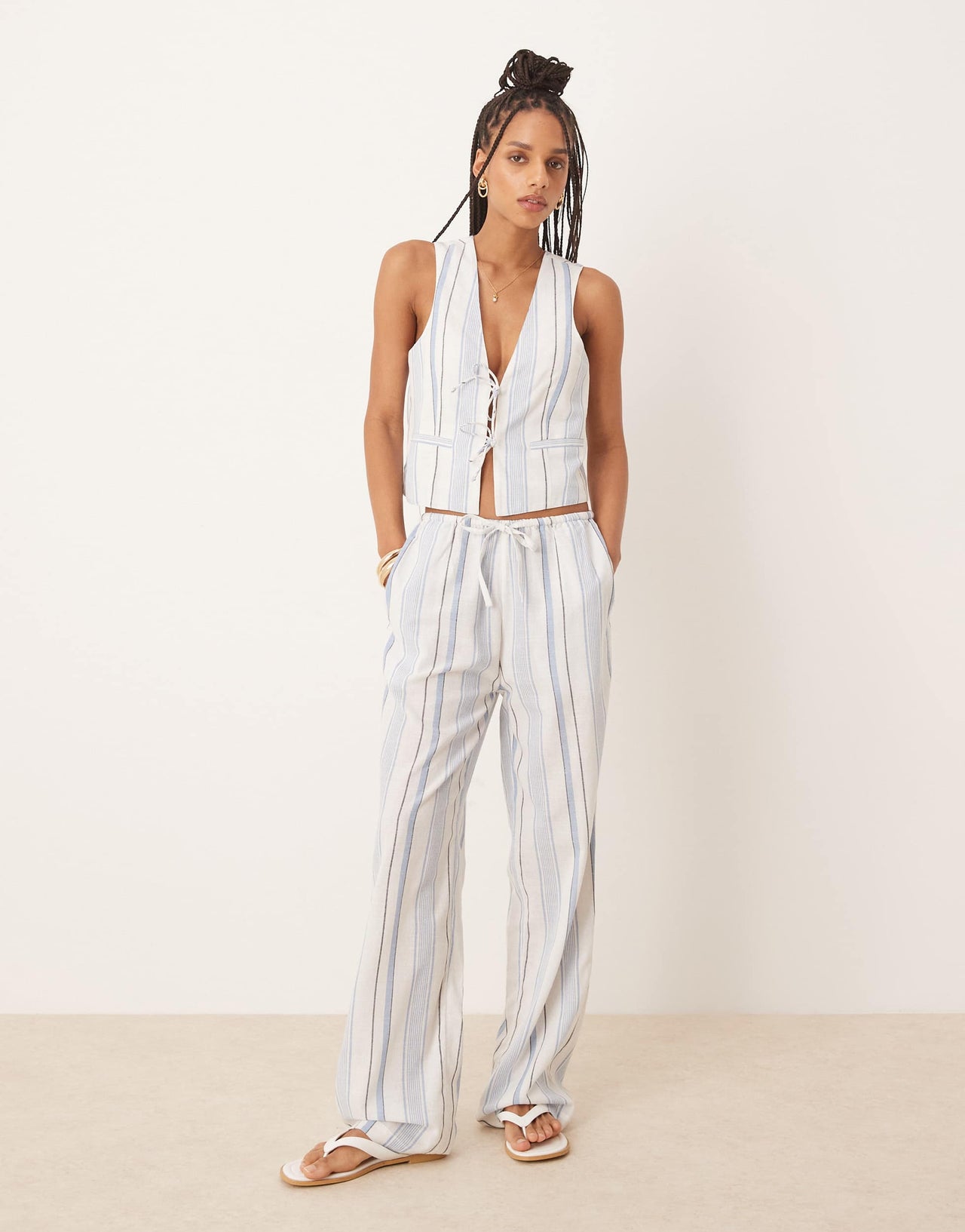 Iisla & Bird tie front beach top co-ord in light blue stripe